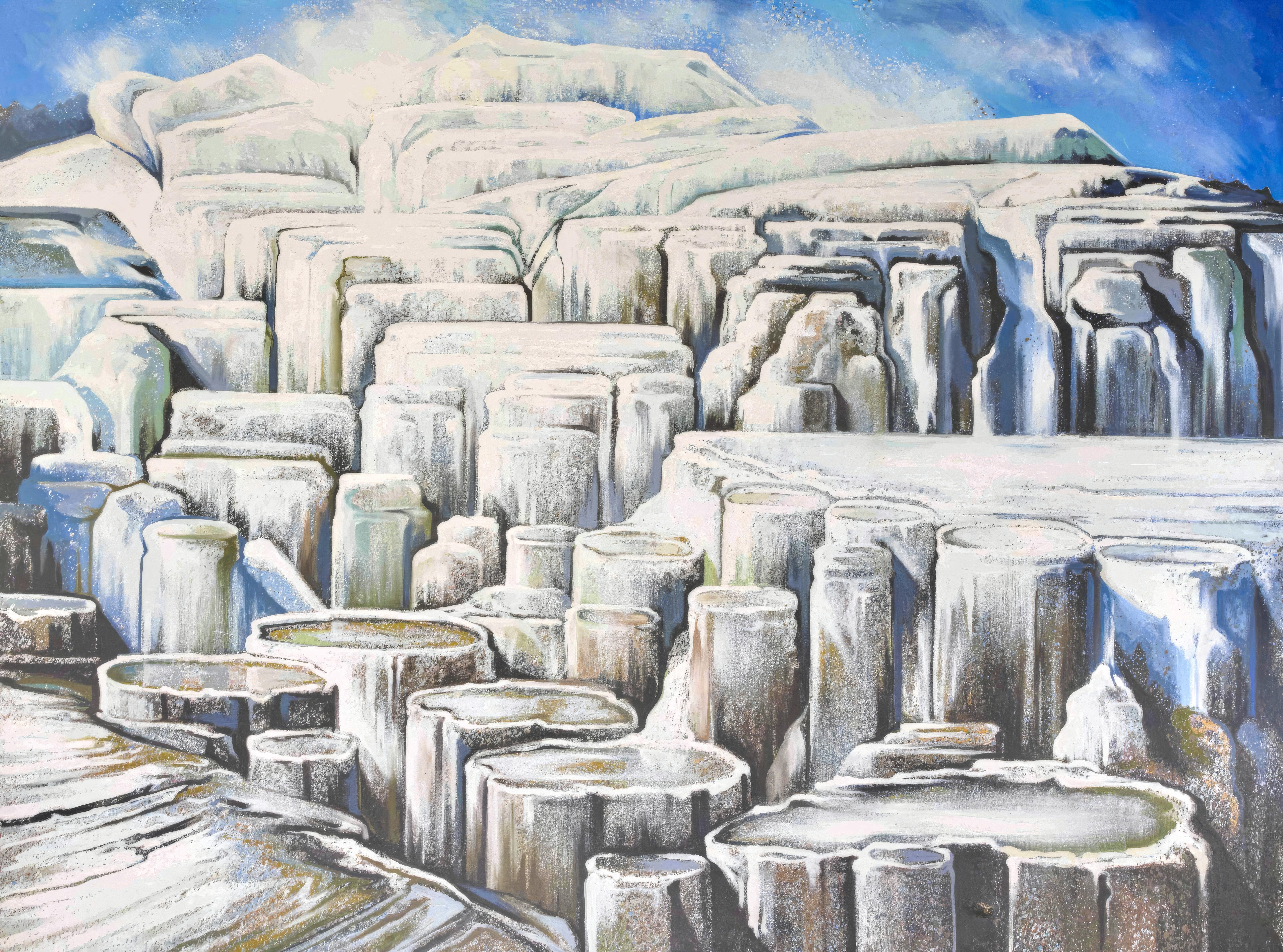 Artist: Lowell Nesbitt (1933–1993)
Title: Frosted Mountain '82
Year: 1982
Medium: Oil on linen
Size: 78 x 104 inches
Condition: Excellent
Inscription: Signed, dated, and titled by the artist, verso
Provenance: Estate of Lowell Blair Nesbitt,
New