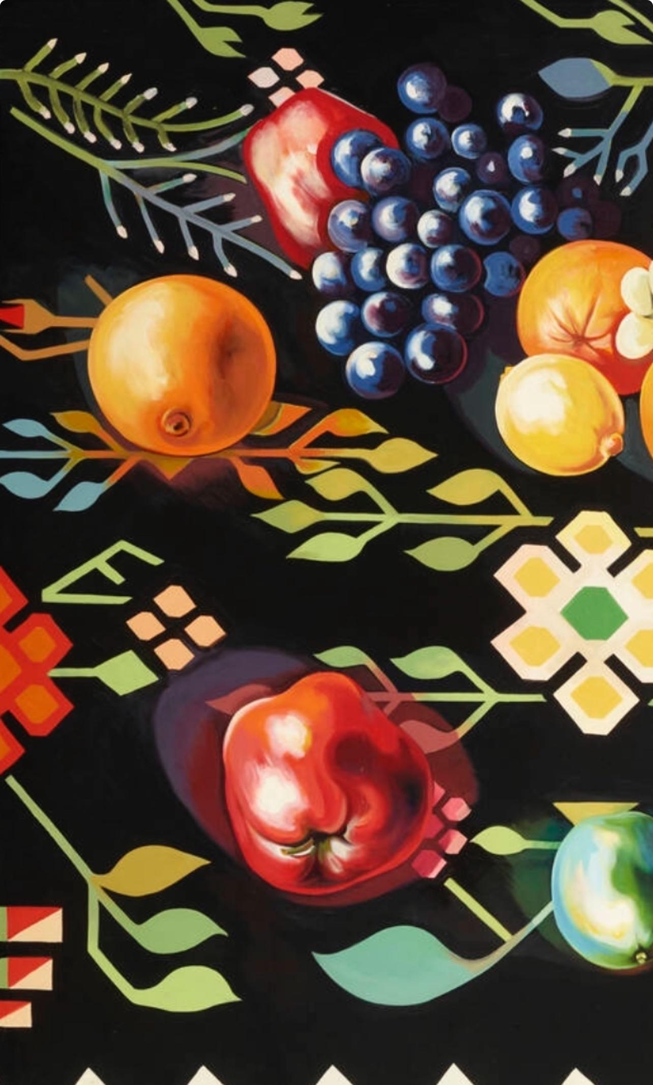 Obst auf rumänischem Teppich IV (100 x 80 Zoll), Lowell Nesbitt – Gemälde im Angebot 1