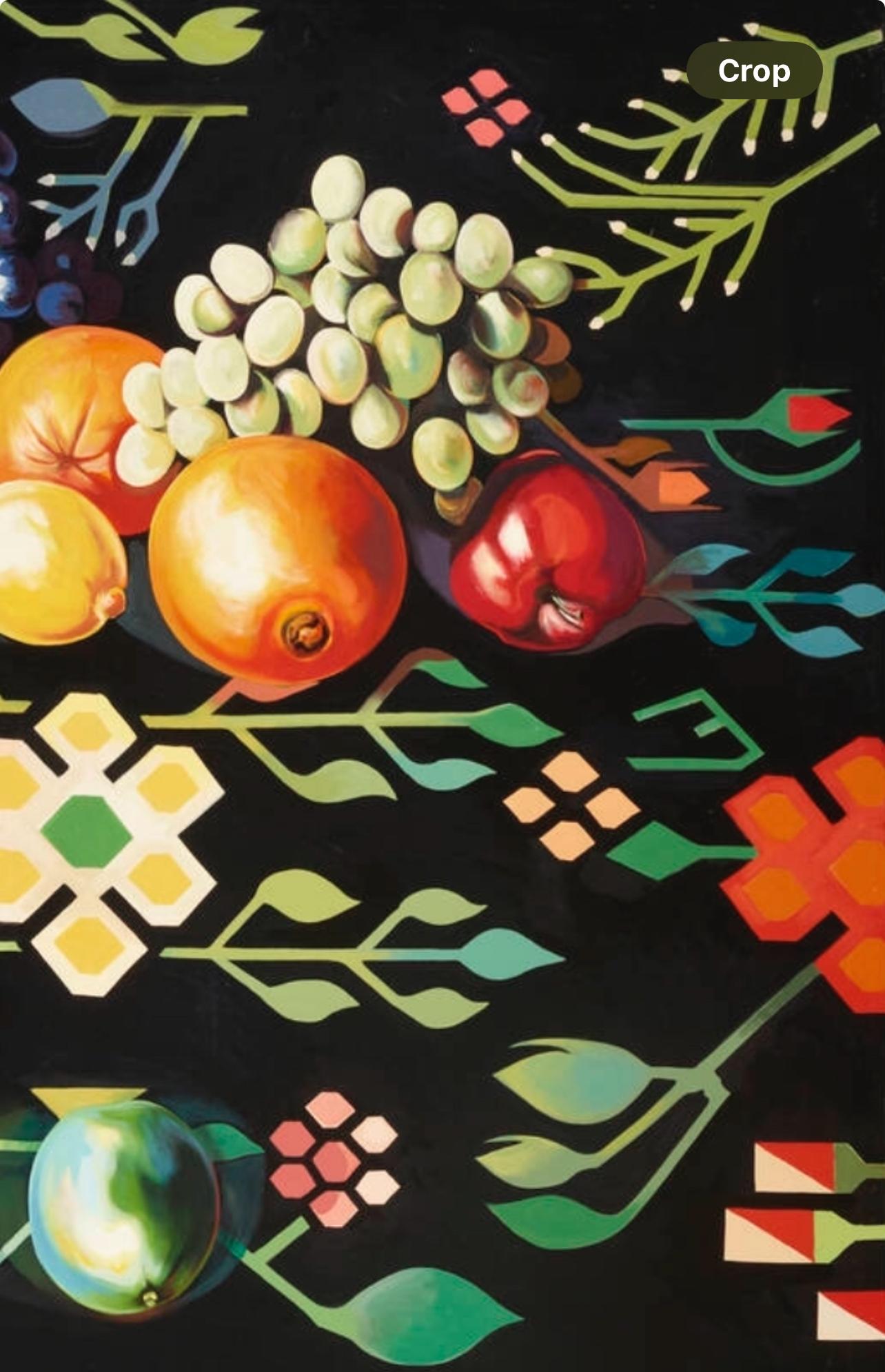 Fruit on Romanian Rug IV (100 x 80 inches), Lowell Nesbitt - Painting For Sale 2