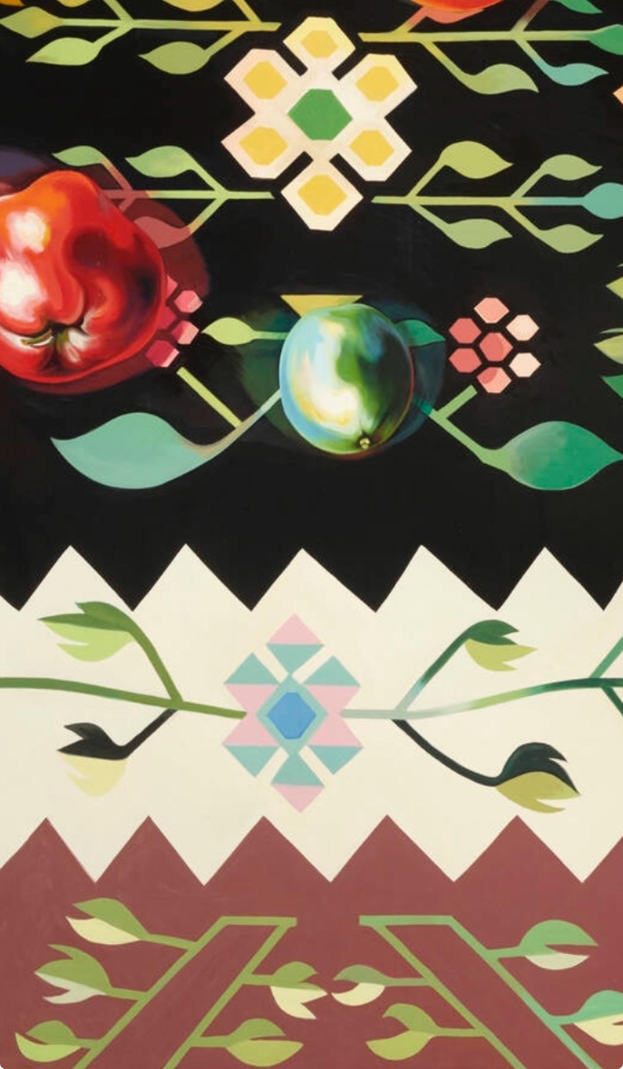 Fruit on Romanian Rug IV (100 x 80 inches), Lowell Nesbitt - Painting For Sale 3
