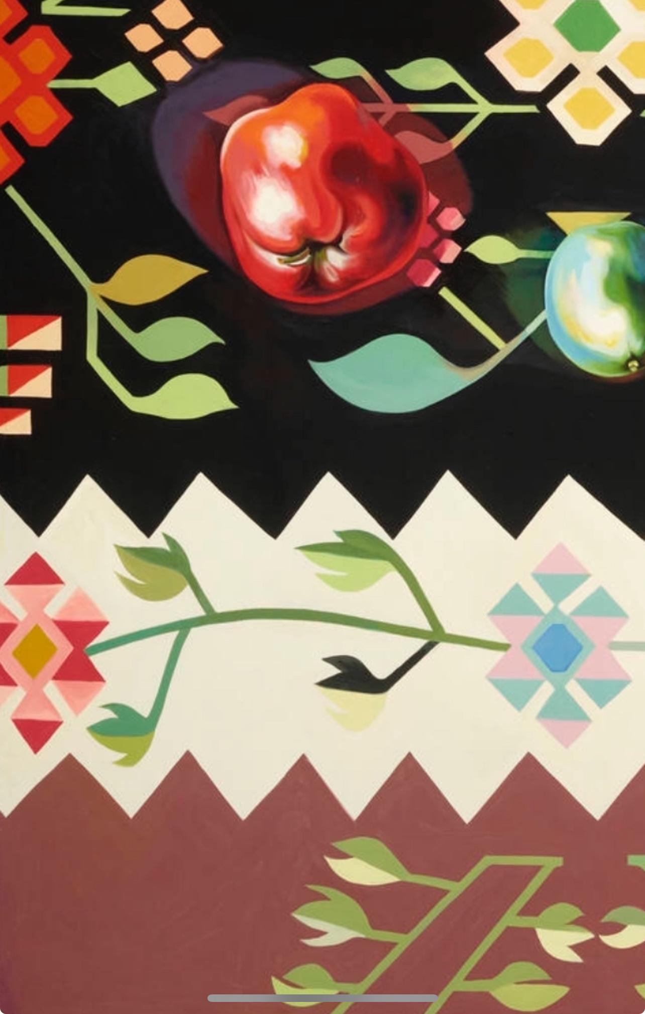 Fruit on Romanian Rug IV (100 x 80 inches), Lowell Nesbitt - Painting For Sale 4