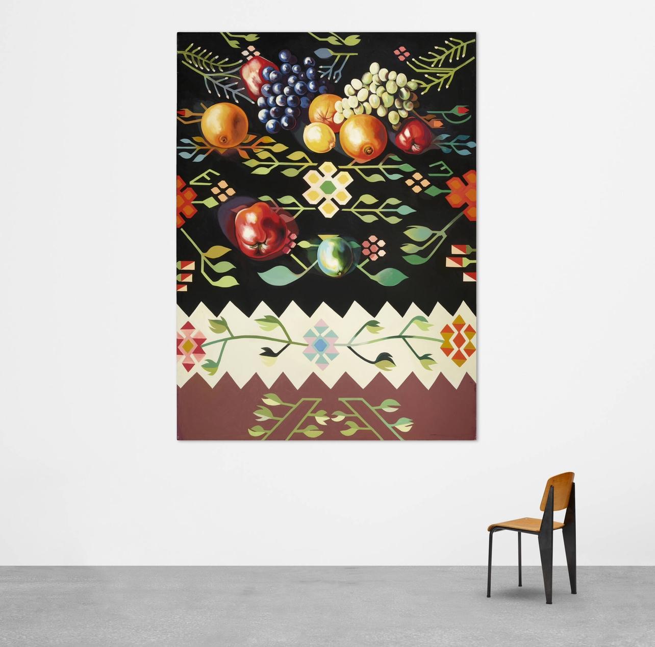 Fruit on Romanian Rug IV (100 x 80 inches), Lowell Nesbitt - Painting For Sale 5