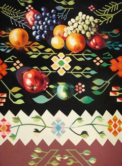 Vintage Fruit on Romanian Rug IV (100 x 80 inches), Lowell Nesbitt - Painting