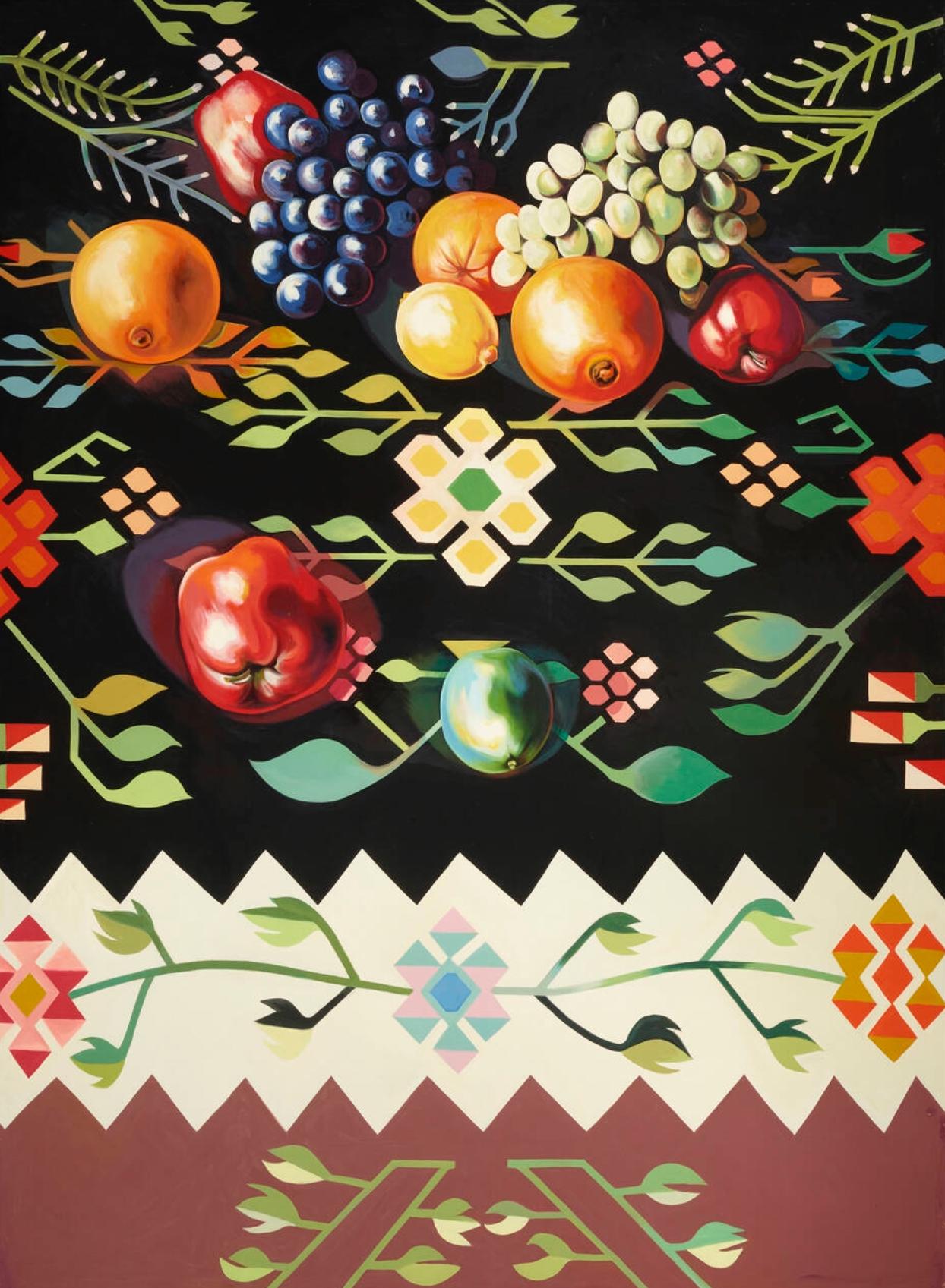 Fruit on Romanian Rug IV (100 x 80 inches), Lowell Nesbitt - Painting