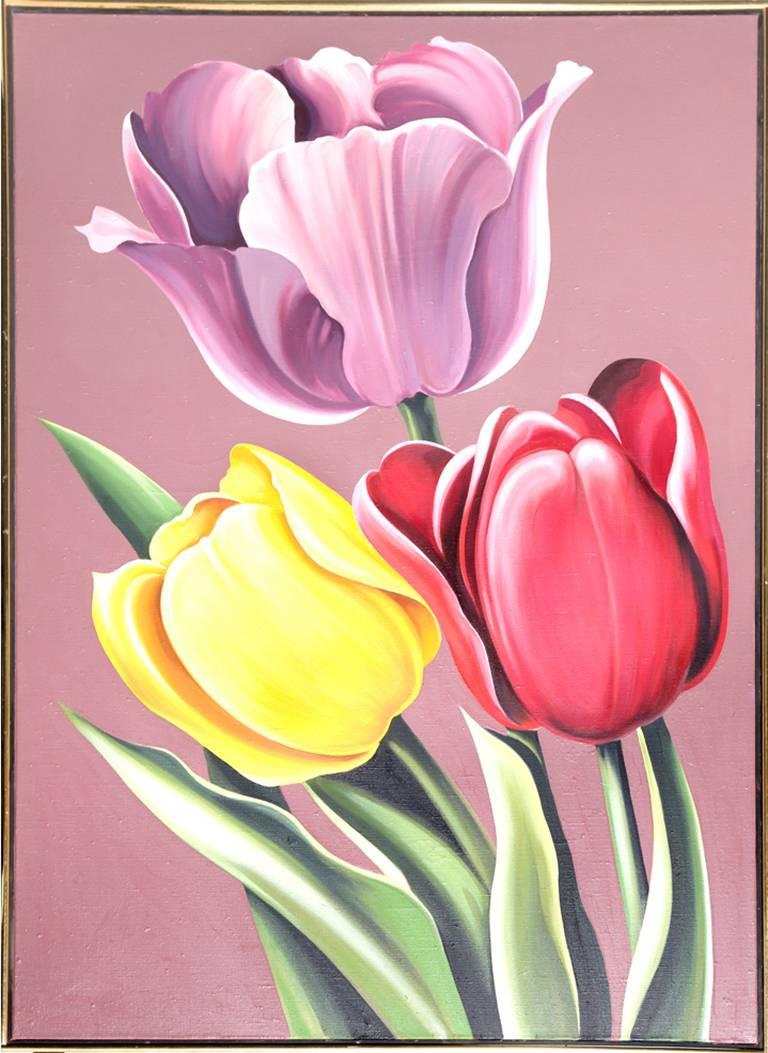 This painting was created by American artist Lowell Blair Nesbitt. His most well-known series, and perhaps his most beautiful and poetic, are the more than four hundred works he created using the flower as the theme, which he often depicted in
