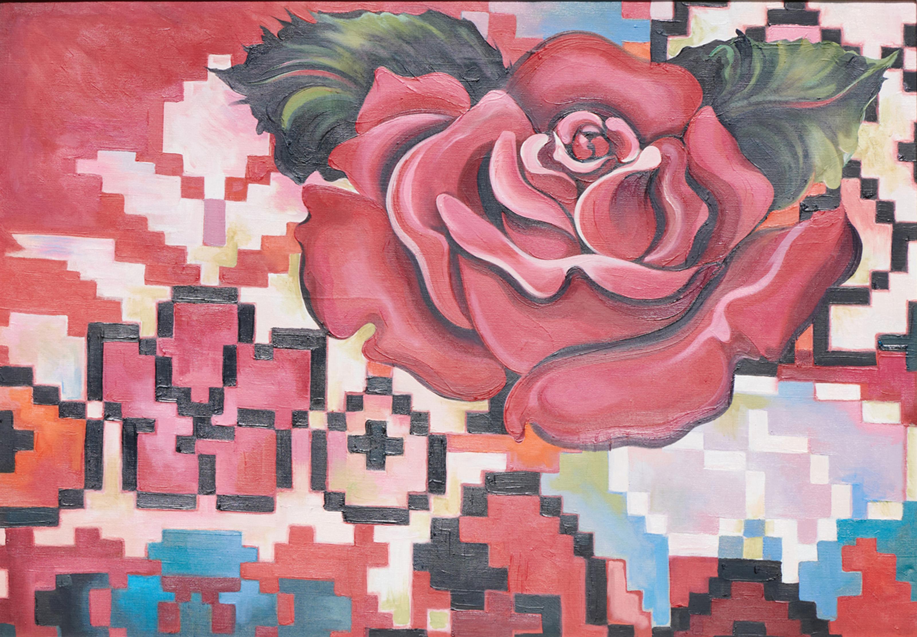 Rosa roja sobre alfombra, Pintura al óleo fotorrealista sobre lienzo de Lowell Nesbitt en venta 1
