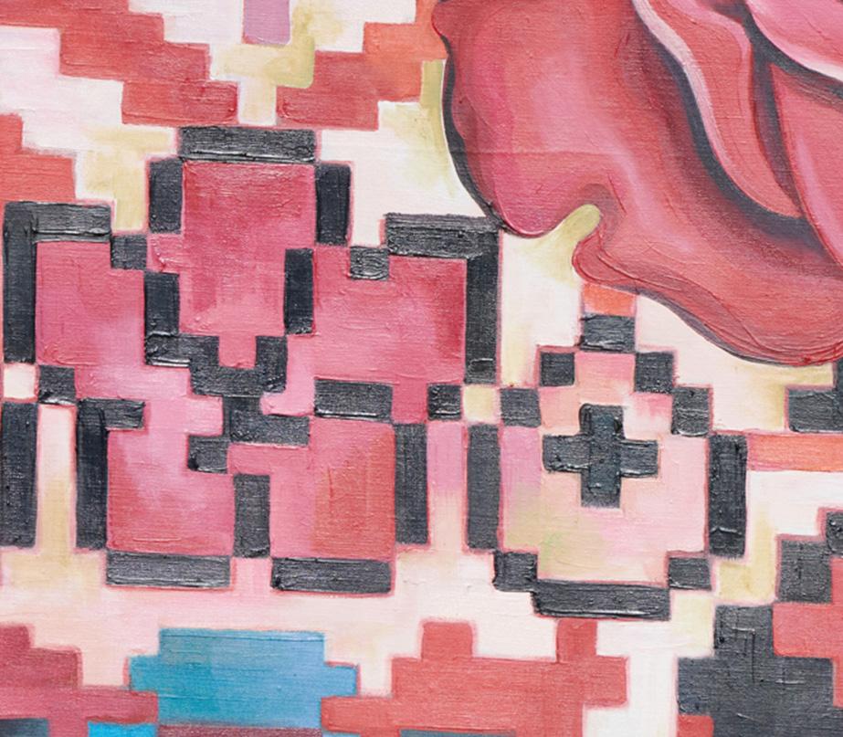 Rosa roja sobre alfombra, Pintura al óleo fotorrealista sobre lienzo de Lowell Nesbitt en venta 2