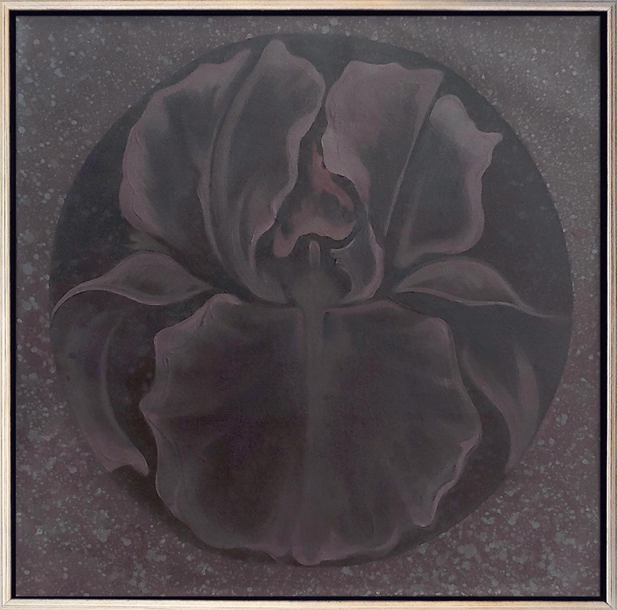 Still-Life Painting di Lowell Nesbitt - "Shadow Iris"  Olio su tela 24x24  grigi scuri, toni di viola e prugna