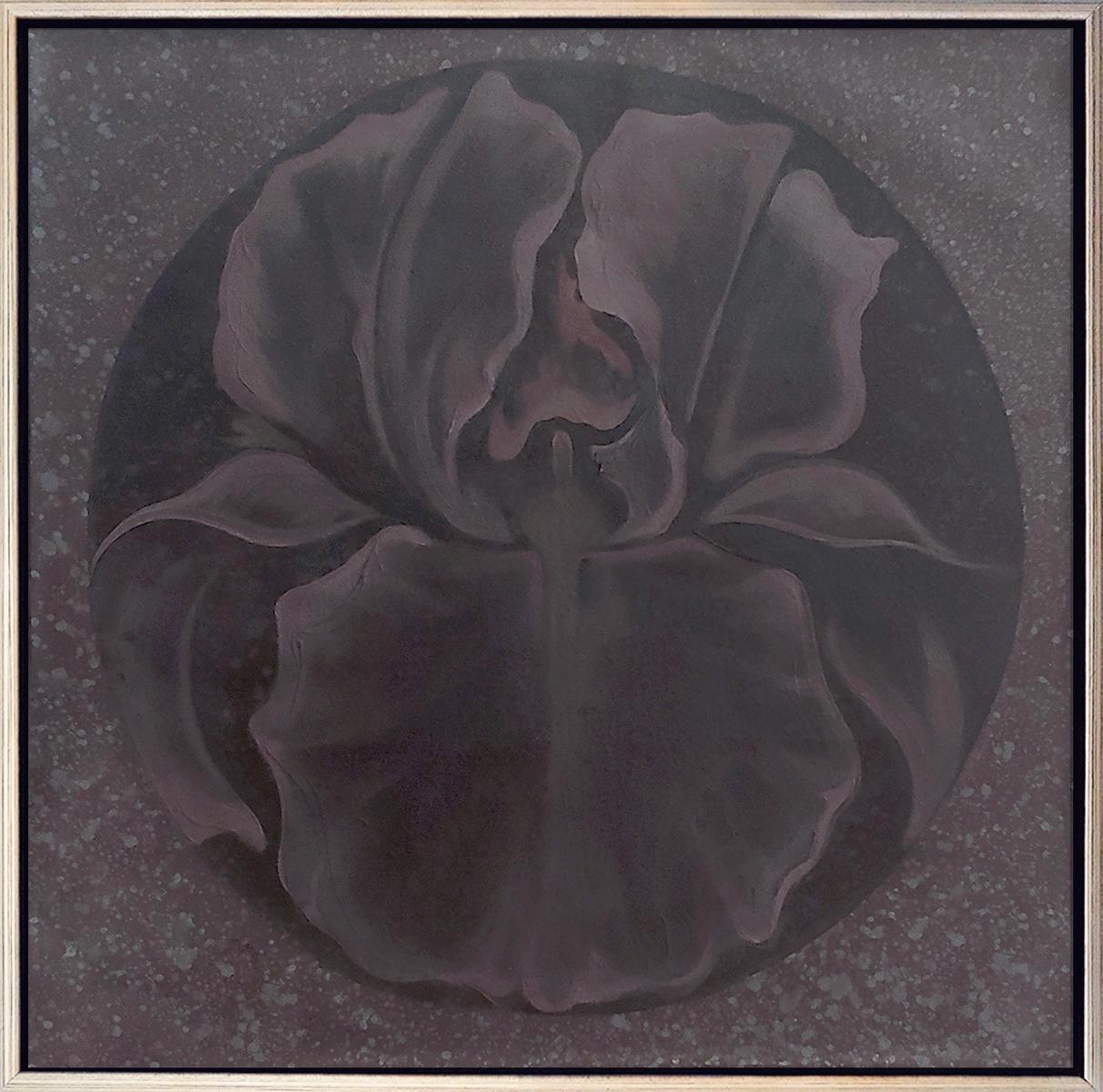 Lowell Nesbitt Still-Life Painting - "Shadow Iris"  Oil on Canvas 24x24"  dark grays, violet and plum color tones