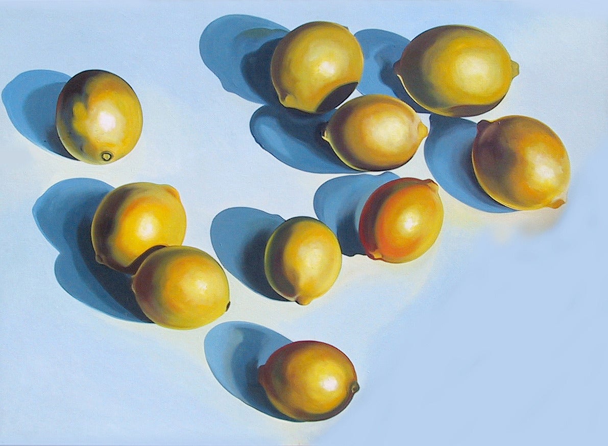 Lowell Nesbitt Still-Life Painting - Ten Lemons on Blue, Large Photorealist Painting by Lowell Blair Nesbitt