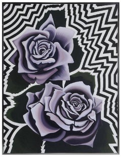 Two Violet Roses 1974, Op Art Floral Oil on Canvas Painting