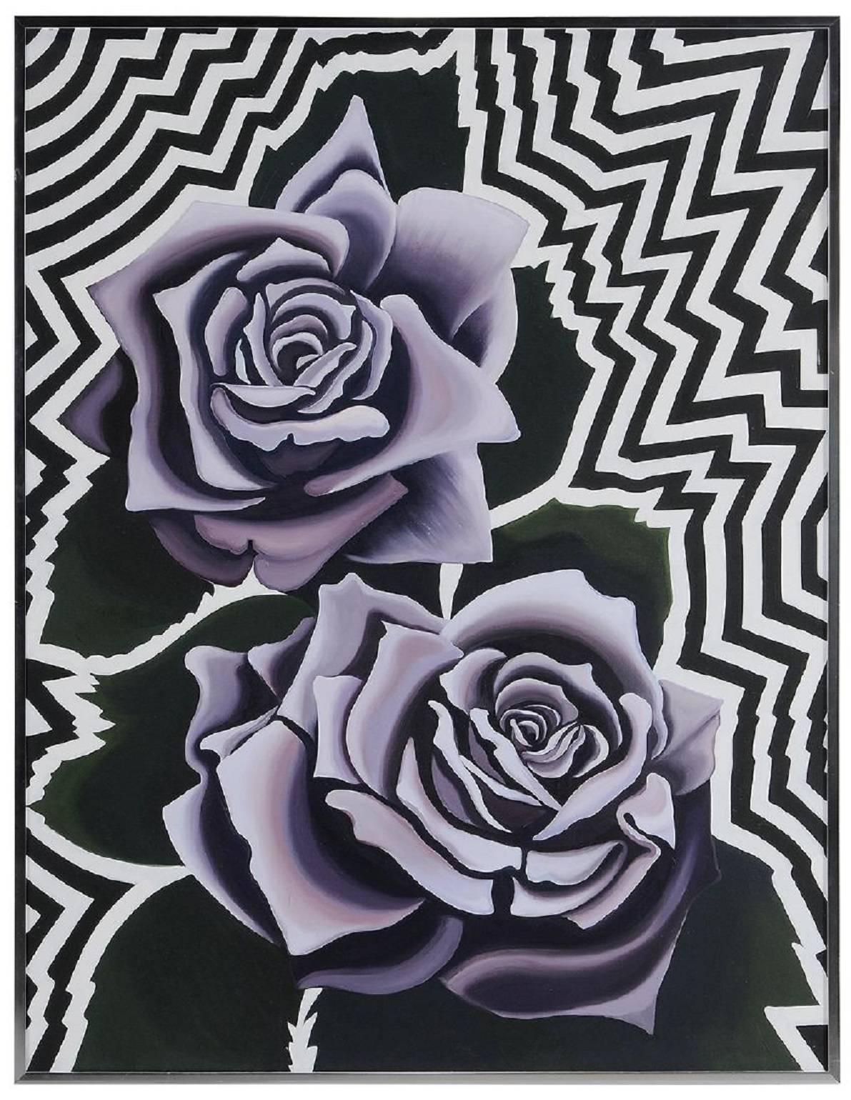 Lowell Nesbitt Still-Life Painting – Zwei violette Rosen 1974, Op Art Floral Öl auf Leinwand Gemälde