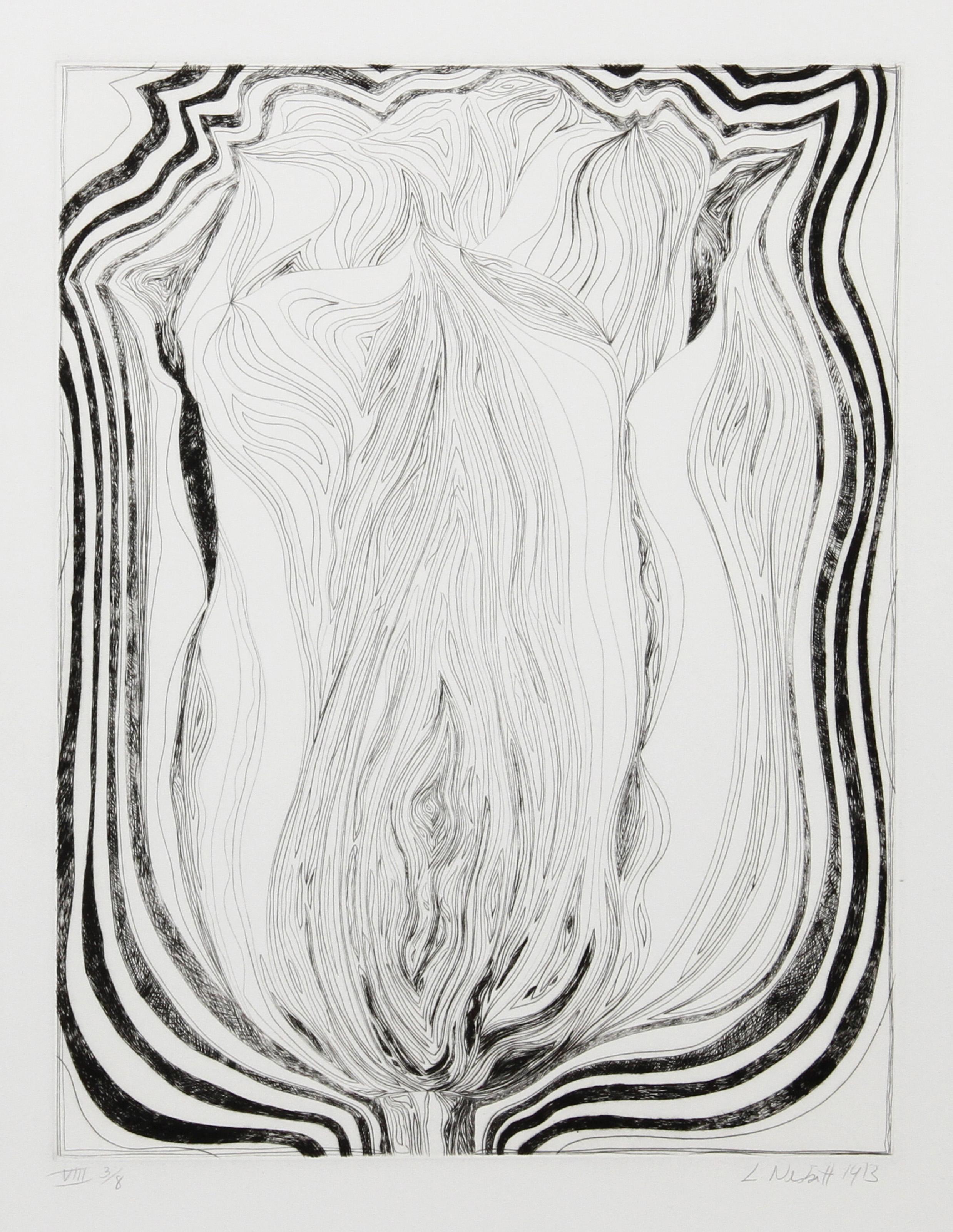 Tulipán eléctrico (blanco y negro), grabado floral fotorrealista de Lowell Nesbitt