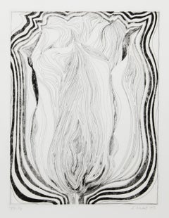 Tulipán eléctrico (blanco y negro), grabado floral fotorrealista de Lowell Nesbitt