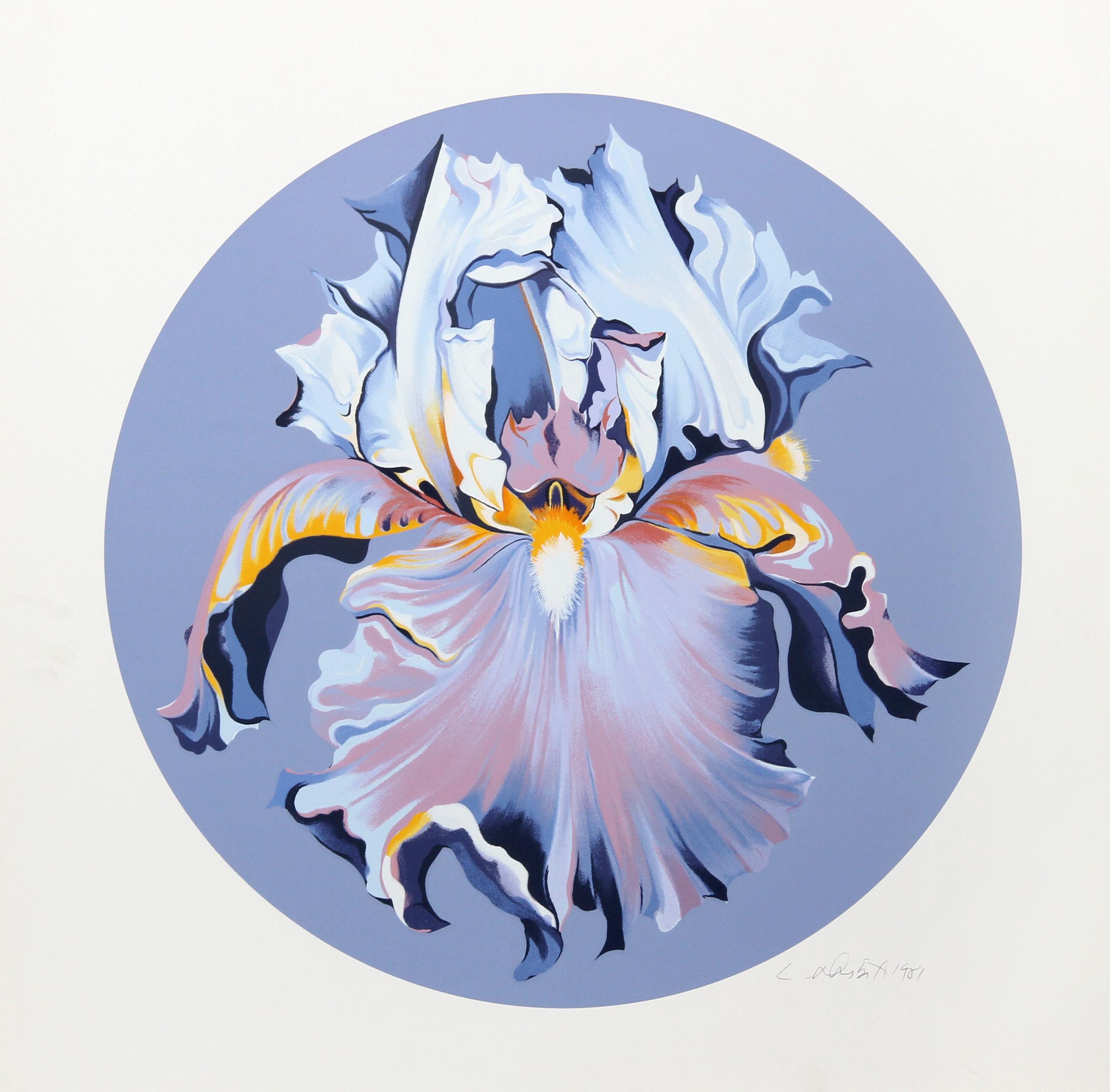 Iris sobre azul III, serigrafía floral fotorrealista de Lowell Blair Nesbitt