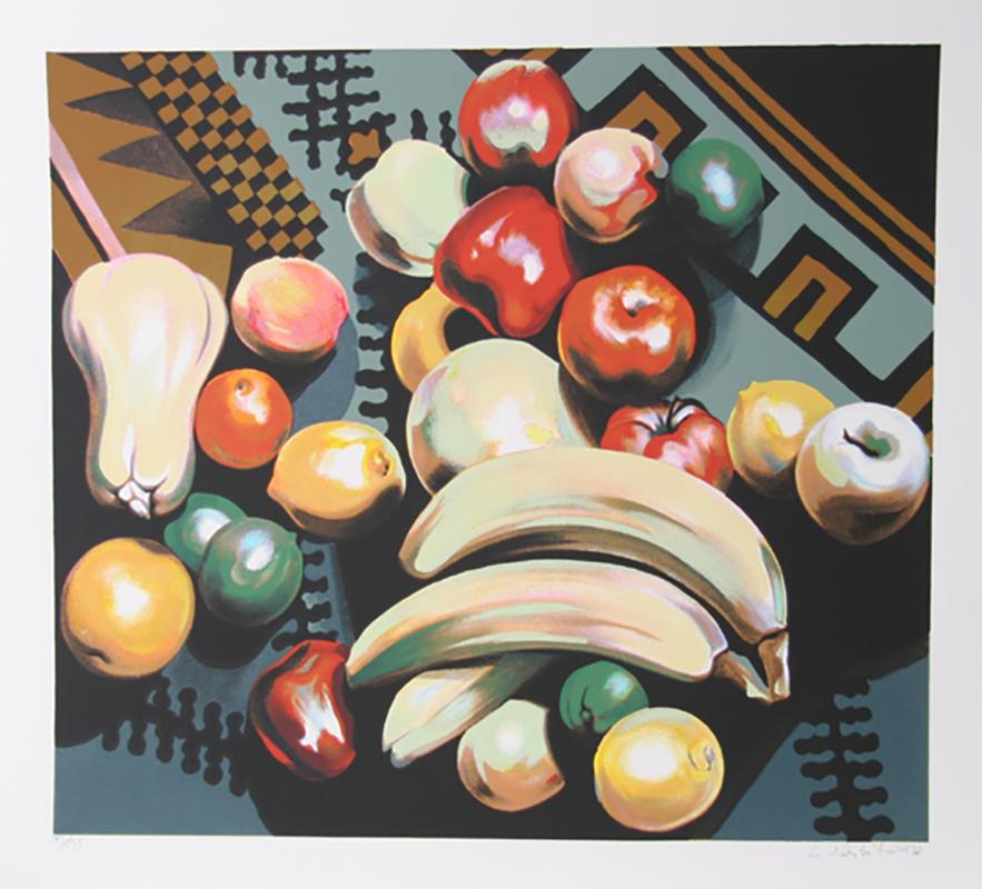 Artist: Lowell Blair Nesbitt, American (1933 - 1993)
Title: Fruits on Rug I
Year: 1978
Medium: Silkscreen, signed and numbered in pencil
Edition: 175
Image Size: 26.5 x 30 inches
Size: 33  x 36 in. (83.82  x 91.44 cm)