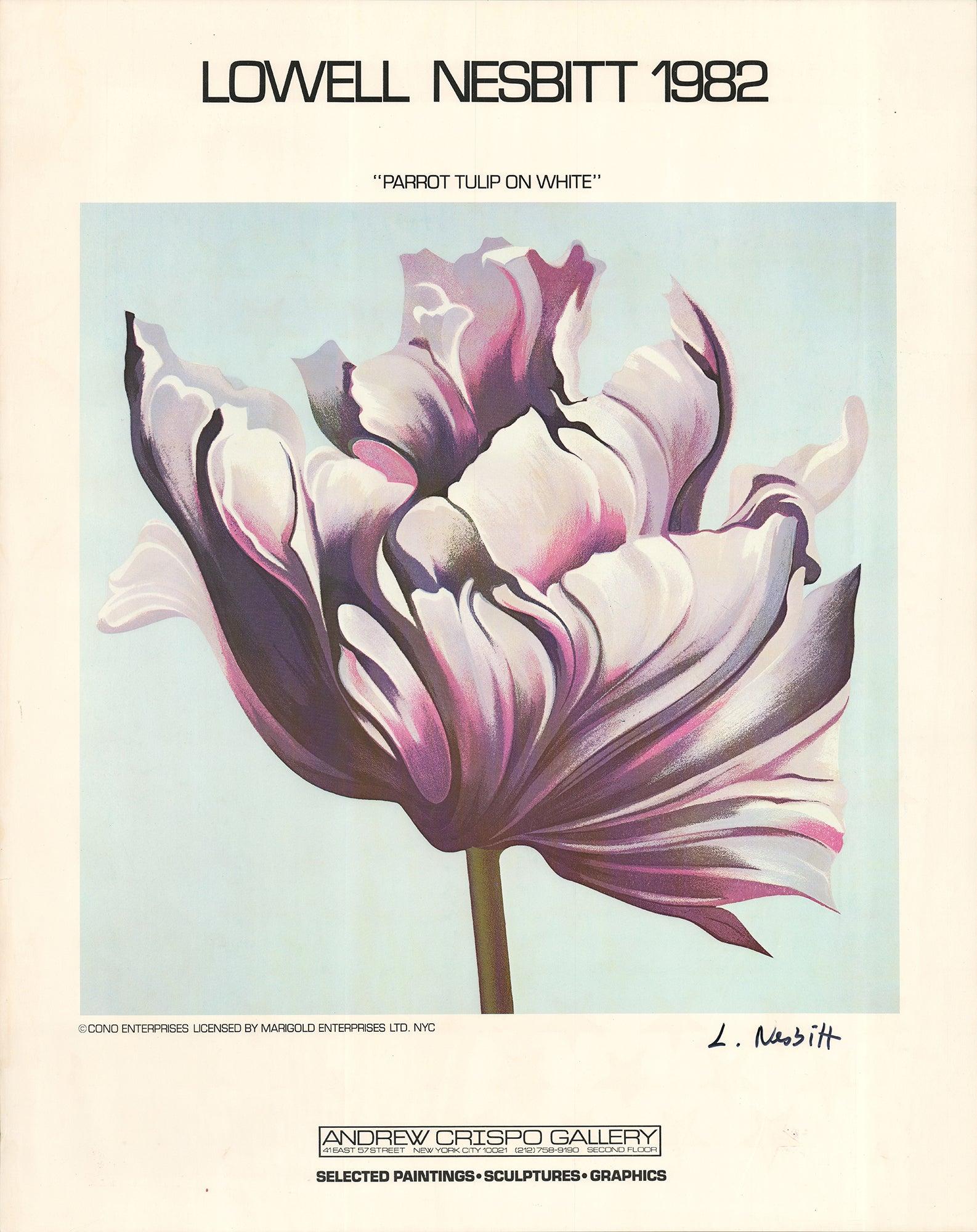 This original poster was created for Lowell Nesbitt’s 1982 exhibition at the Andrew Crispo Gallery in New York, featuring his iconic image Parrot Tulip on White. Known for his bold, hyperrealist floral works, Nesbitt brings vivid texture and