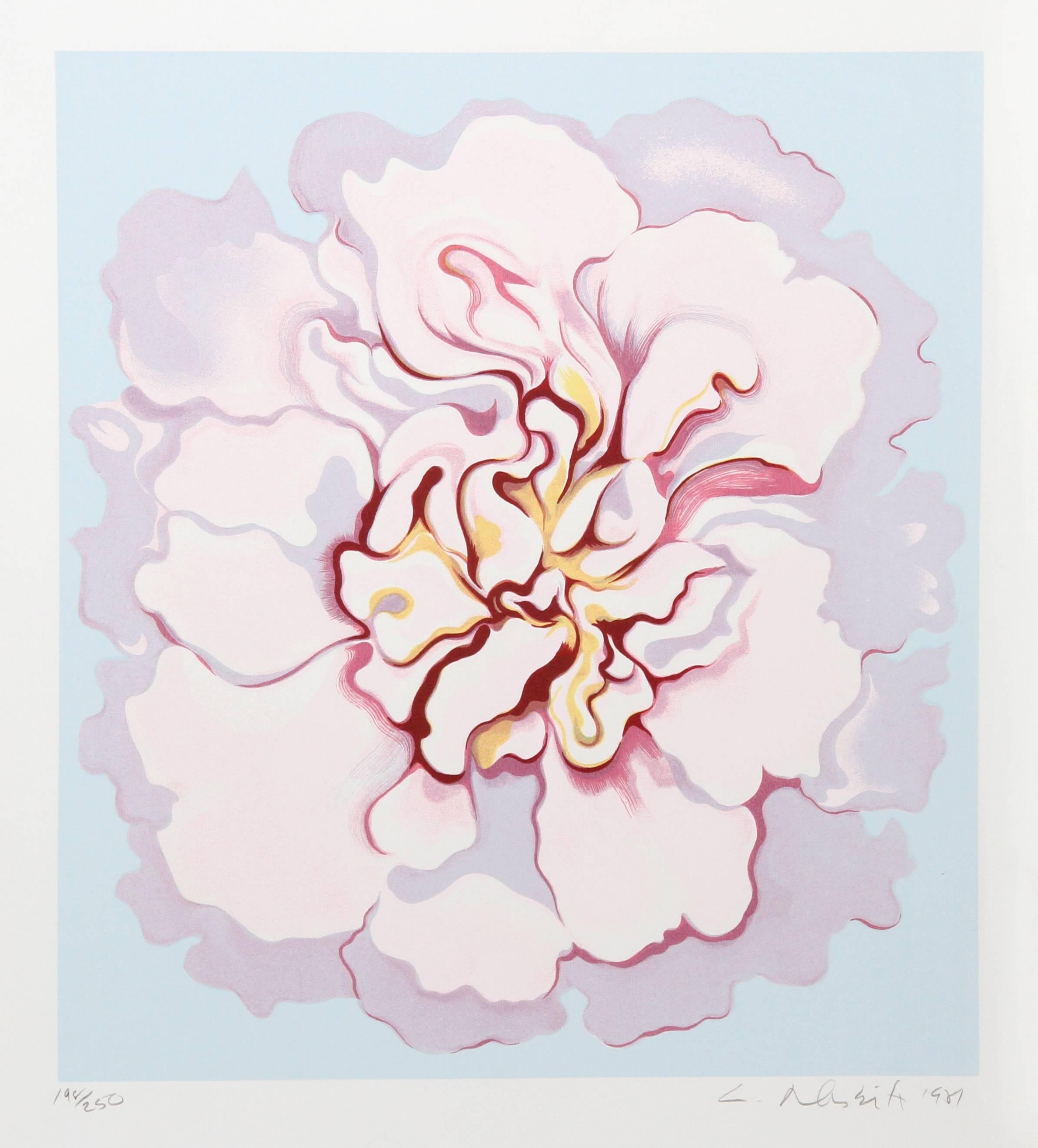 Rosa Kamelie aus der Serie Stamps, Siebdruck mit Blumenmuster von Lowell Nesbitt