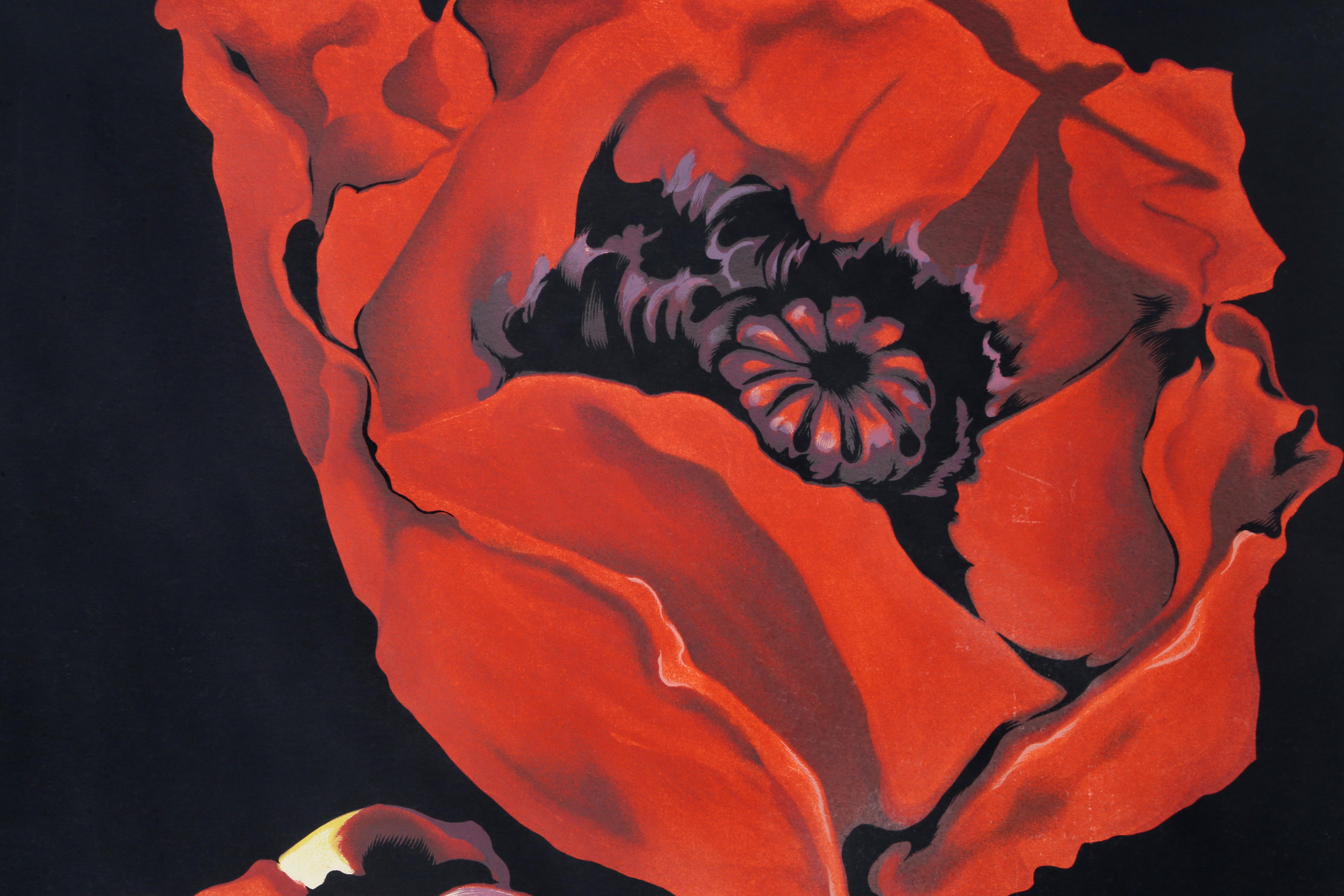 Red Poppies, Photorealist Flower Serigraph by Lowell Nesbitt  For Sale 1