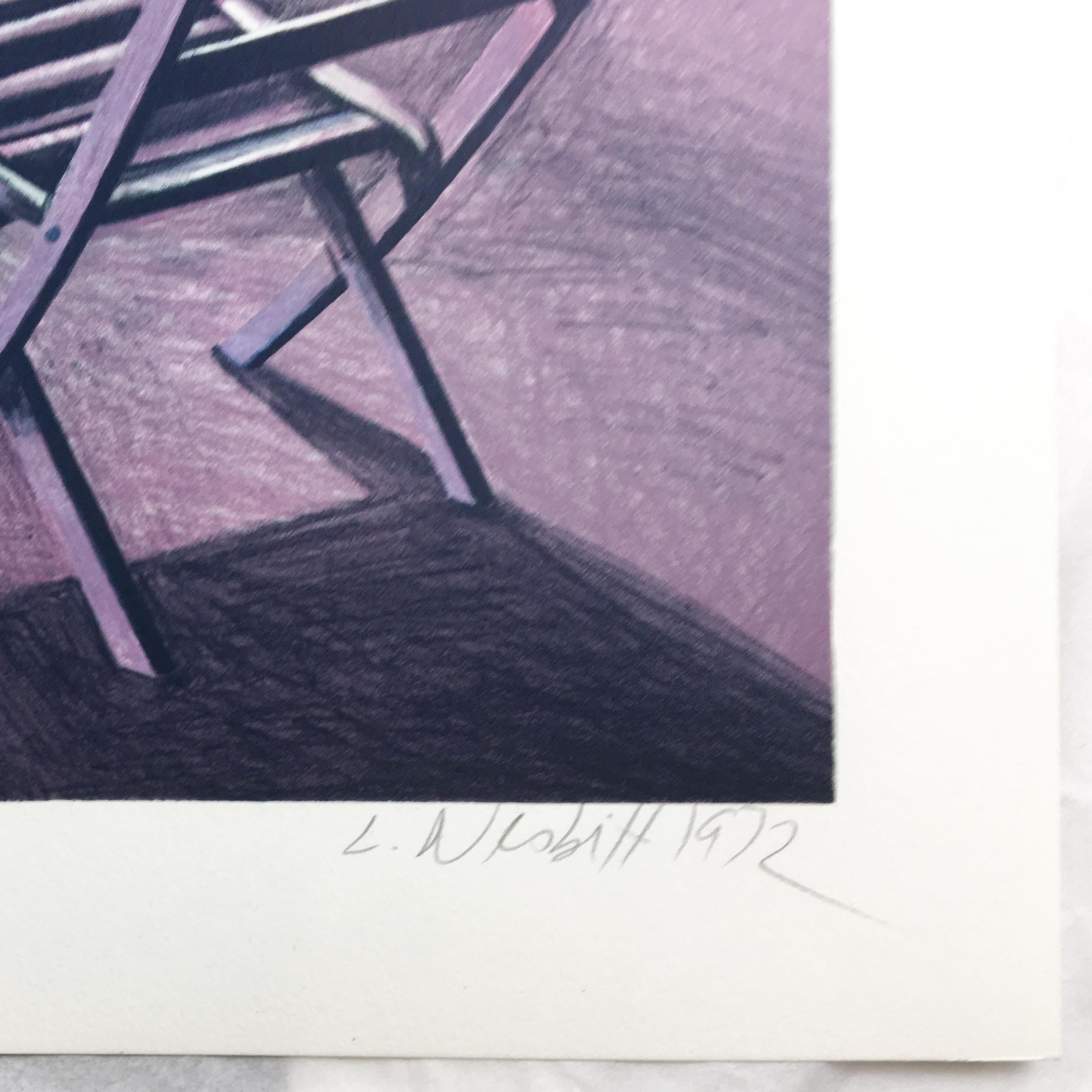 Alex Katz Soho Loft Studio: Nesbitt drawing of 1970s New York purple, yellow  - Gray Figurative Print by Lowell Nesbitt