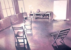 Alex Katz Soho Loft Studio: Nesbitt drawing of 1970s New York purple, yellow