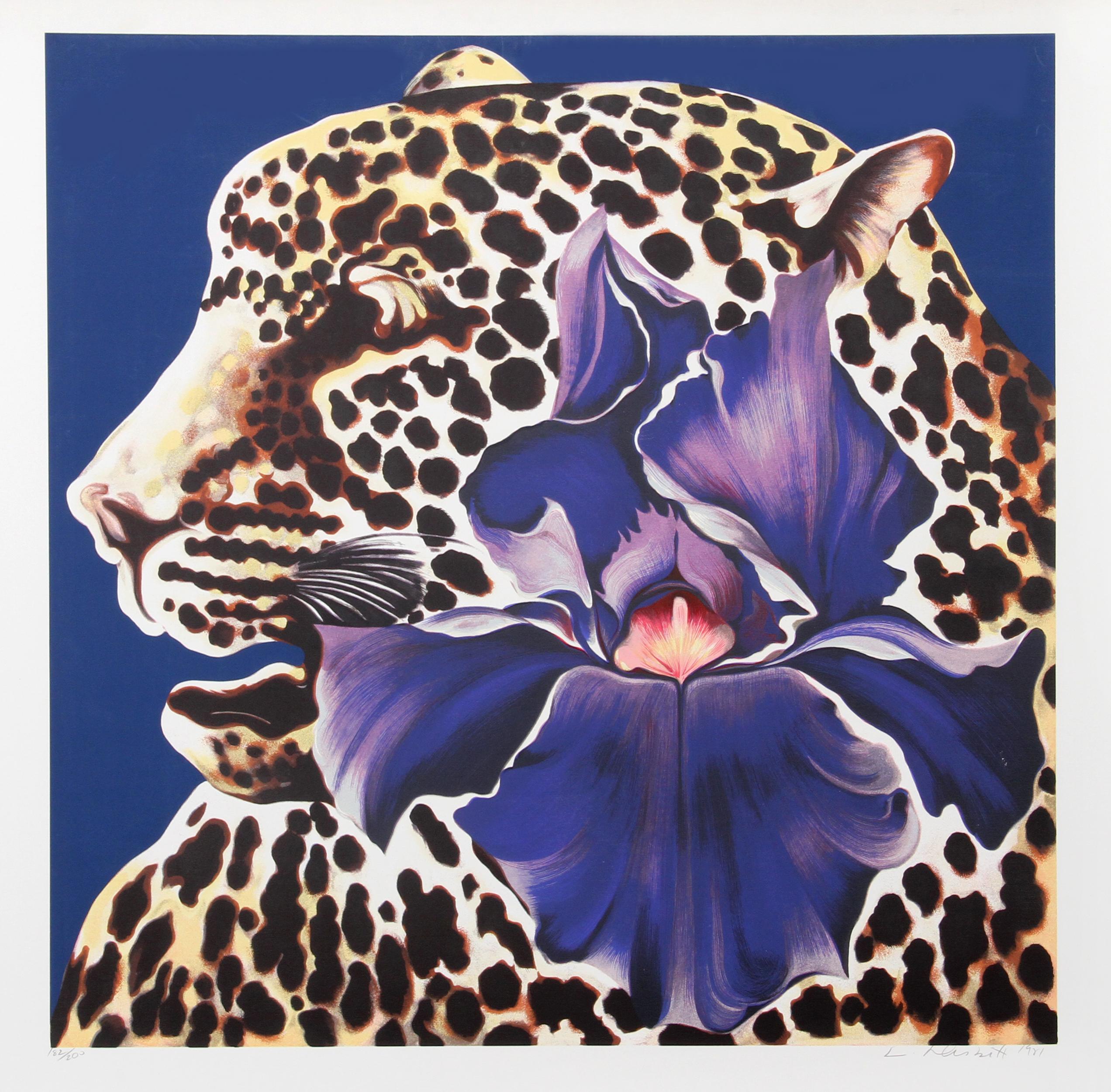 Photorealist flower screenprint by American artist Lowell Blair Nesbitt, signed and numbered in pencil. 

Title: Spotted Leopard and Iris
Year: 1981
Medium: Serigraph, signed and numbered in pencil
Edition: 200
Image Size: 33 x 33 inches
Size: 41