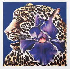 Vintage Spotted Leopard and Iris, Photorealist Screenprint by Lowell Nesbitt