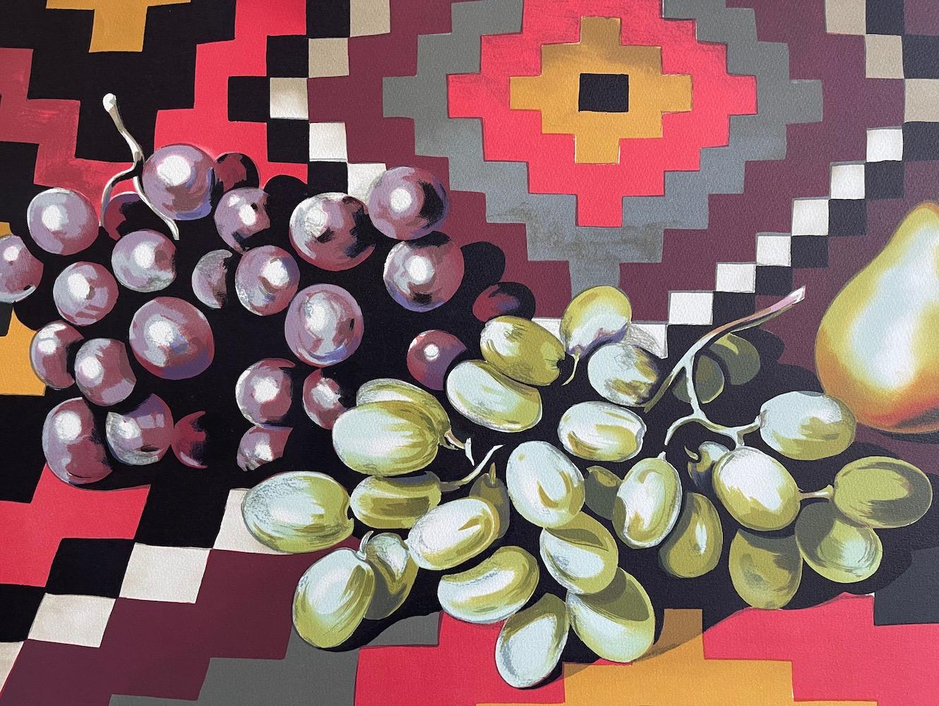 STILL LIFE WITH GRAPES AND PEAR Signed Lithograph, Southwest Style Textile Fruit - Print by Lowell Nesbitt