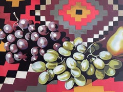 STILL LIFE WITH GRAPES AND PEAR Signed Lithograph, Geometric Pattern, Fruit