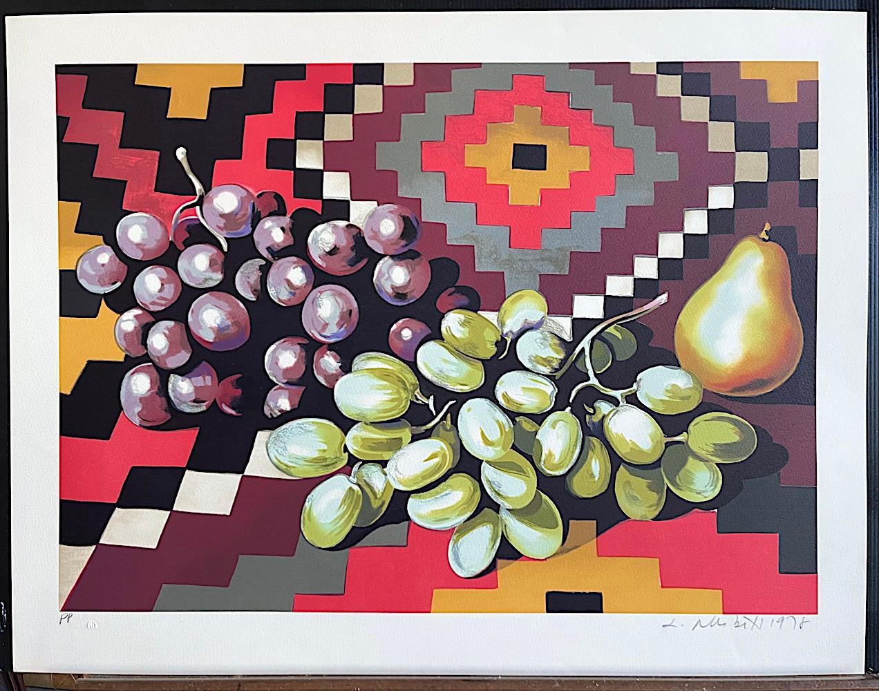 STILL LIFE WITH GRAPES AND PEAR Signed Lithograph, Southwest Style Textile Fruit - Realist Print by Lowell Nesbitt