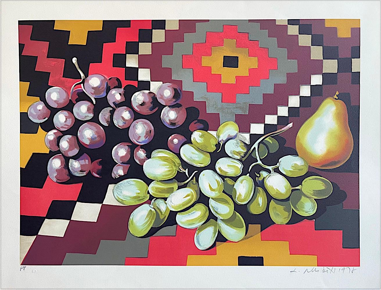STILL LIFE WITH GRAPES AND PEAR Signed Lithograph, Southwest Style Textile Fruit