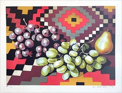STILL LIFE WITH GRAPES AND PEAR Signed Lithograph, Geometric Pattern, Fruit