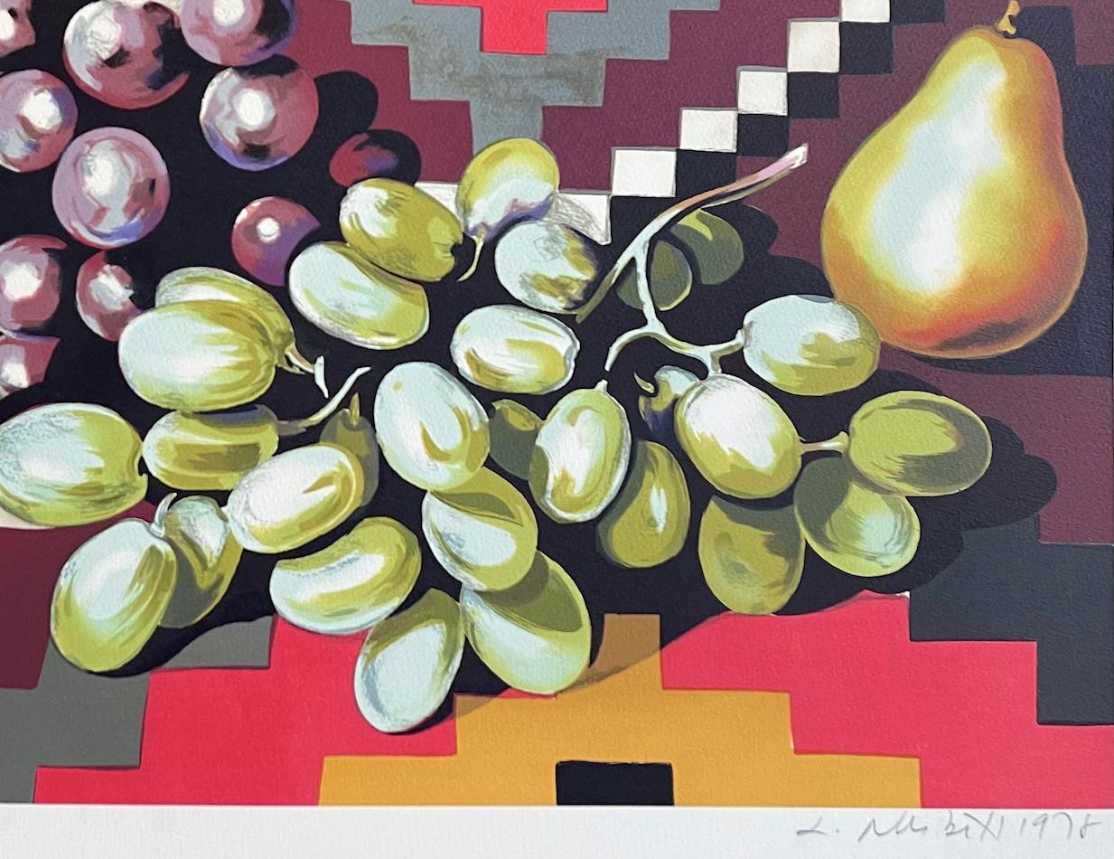 STILL LIFE WITH GRAPES AND PEAR Signed Lithograph, Geometric Pattern, Fruit - Black Still-Life Print by Lowell Nesbitt