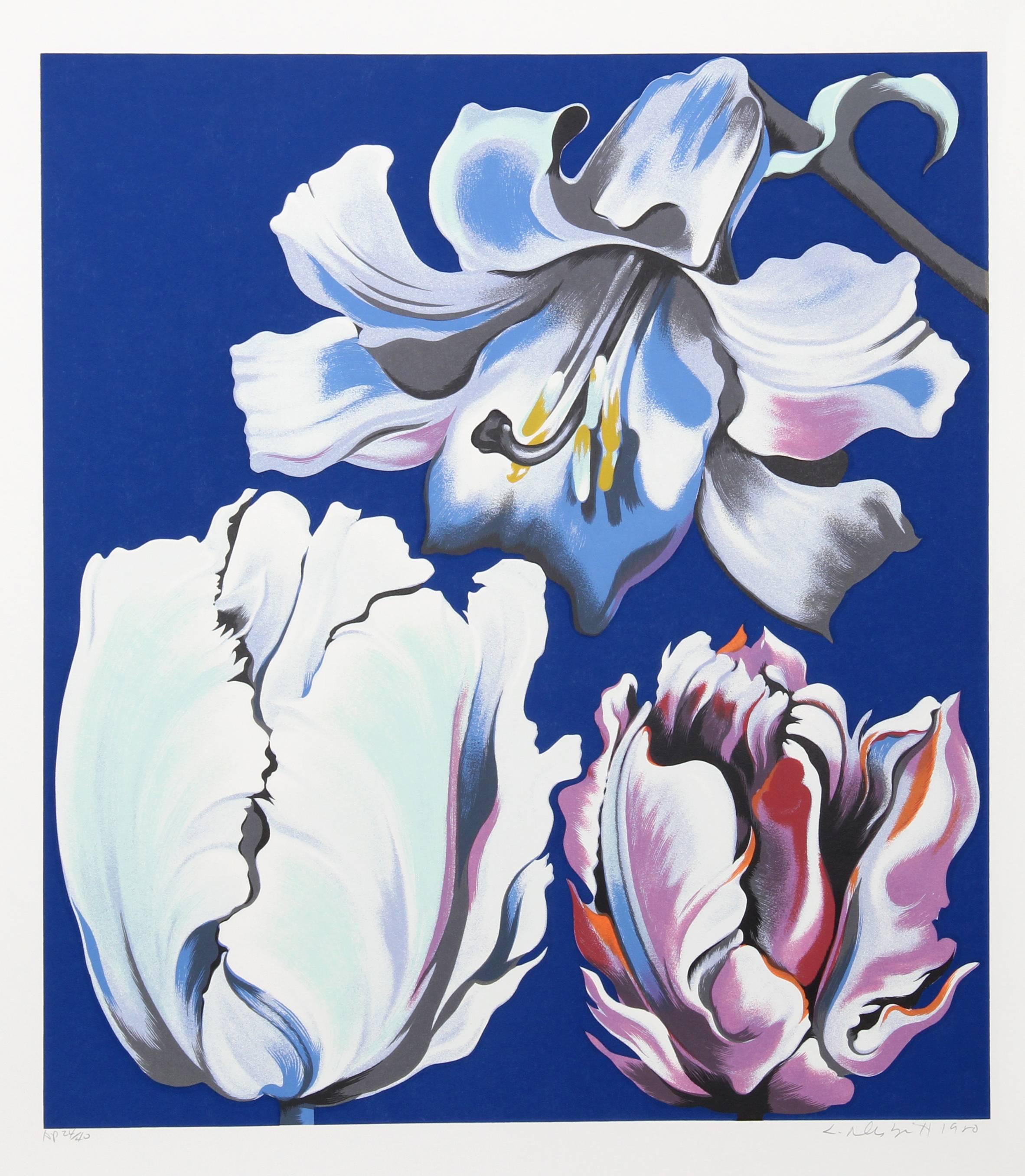 Lowell Nesbitt Still-Life Print - Three Flowers on Blue
