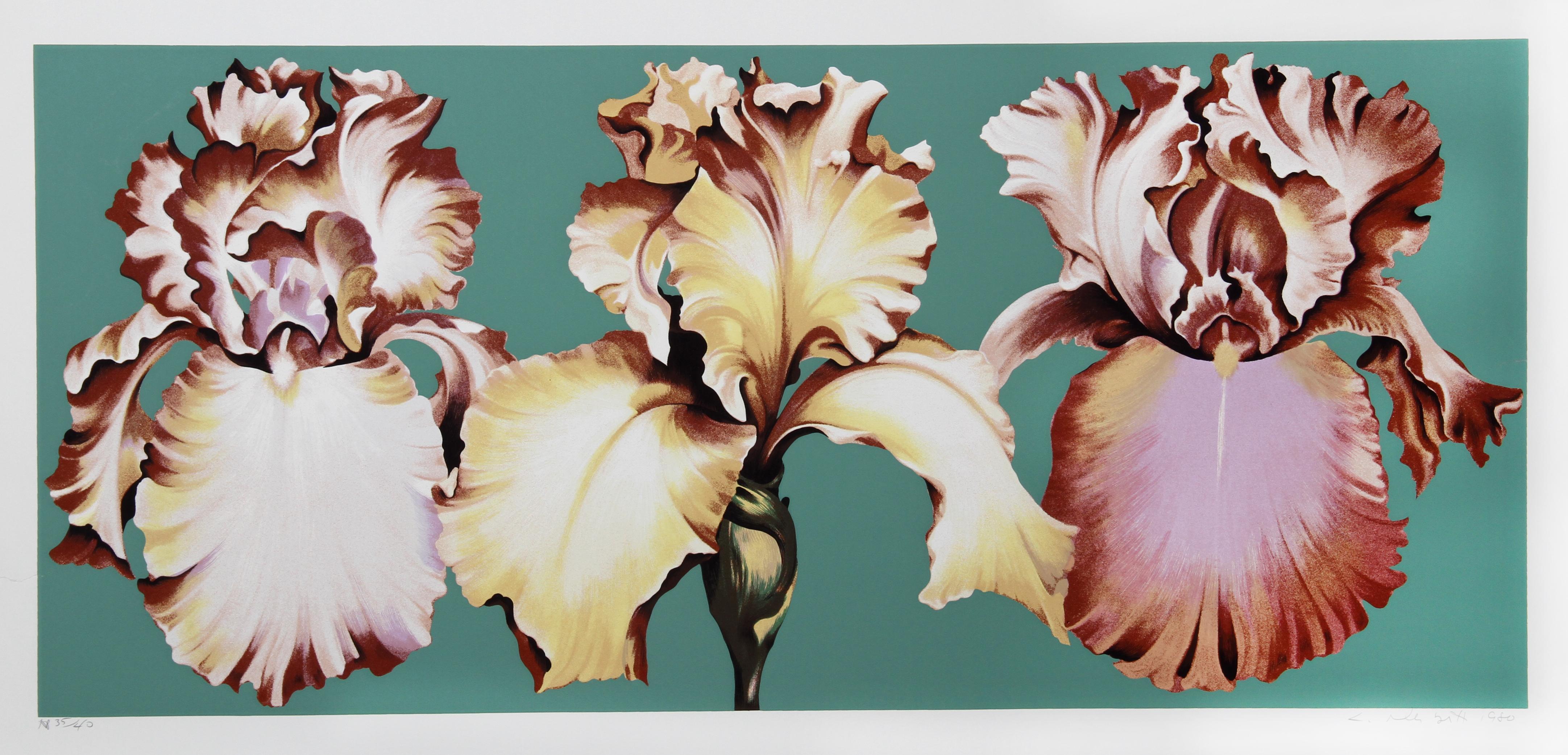 Drei Irisen auf Grün, geblümter Siebdruck von Lowell Nesbitt