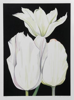 Drei Tulpen auf schwarzem, geblümtem Siebdruck von Lowell Nesbitt