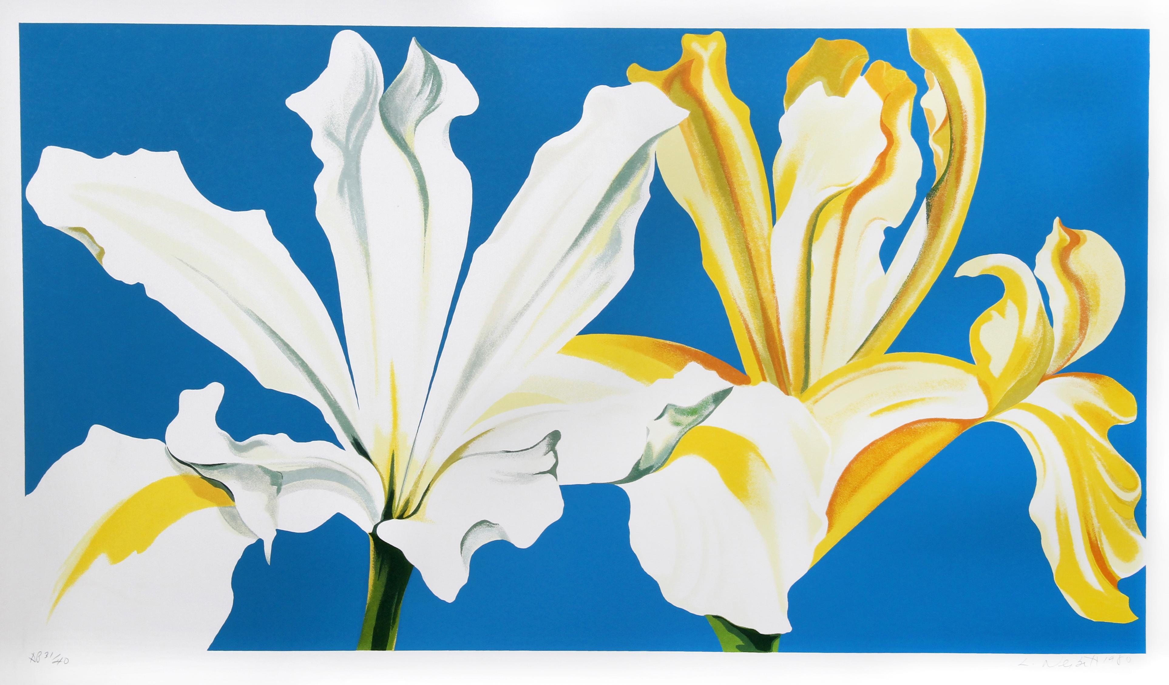 Lowell Nesbitt Still-Life Print - Two Irises on Blue