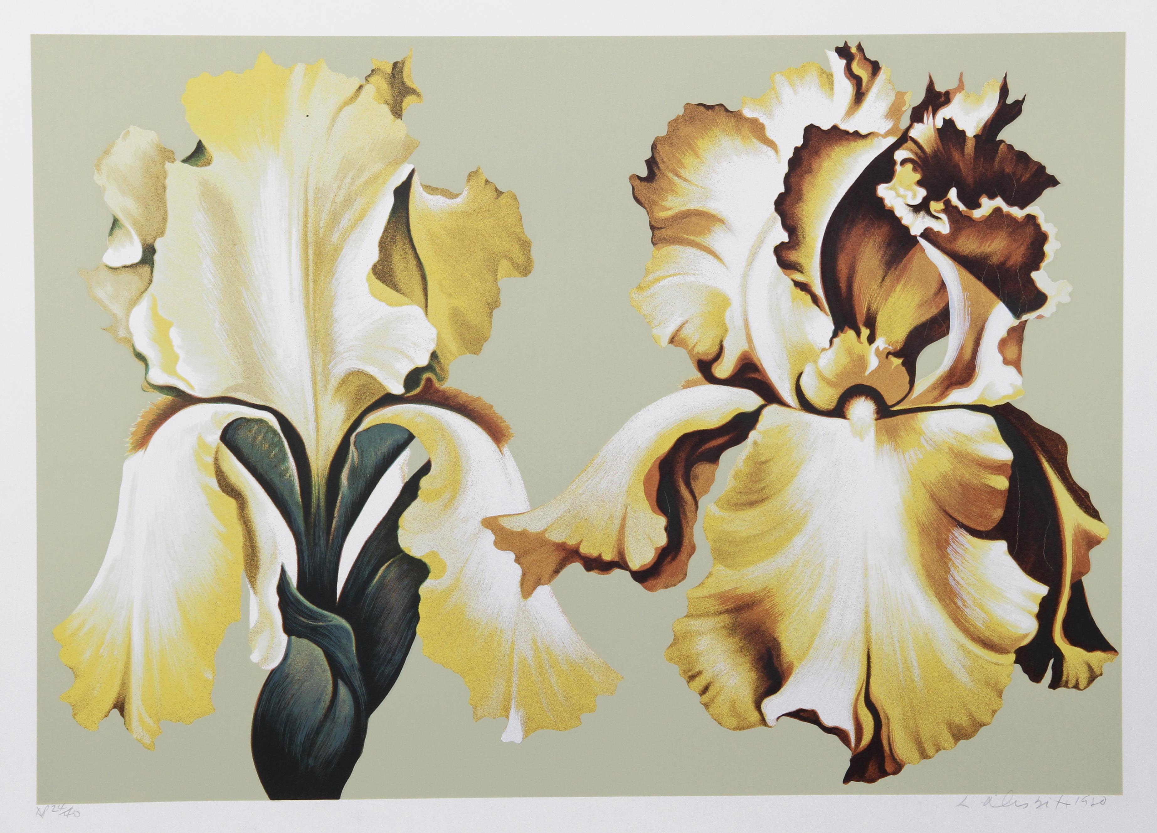 Lowell Nesbitt Still-Life Print - Two Yellow Irises on Sage