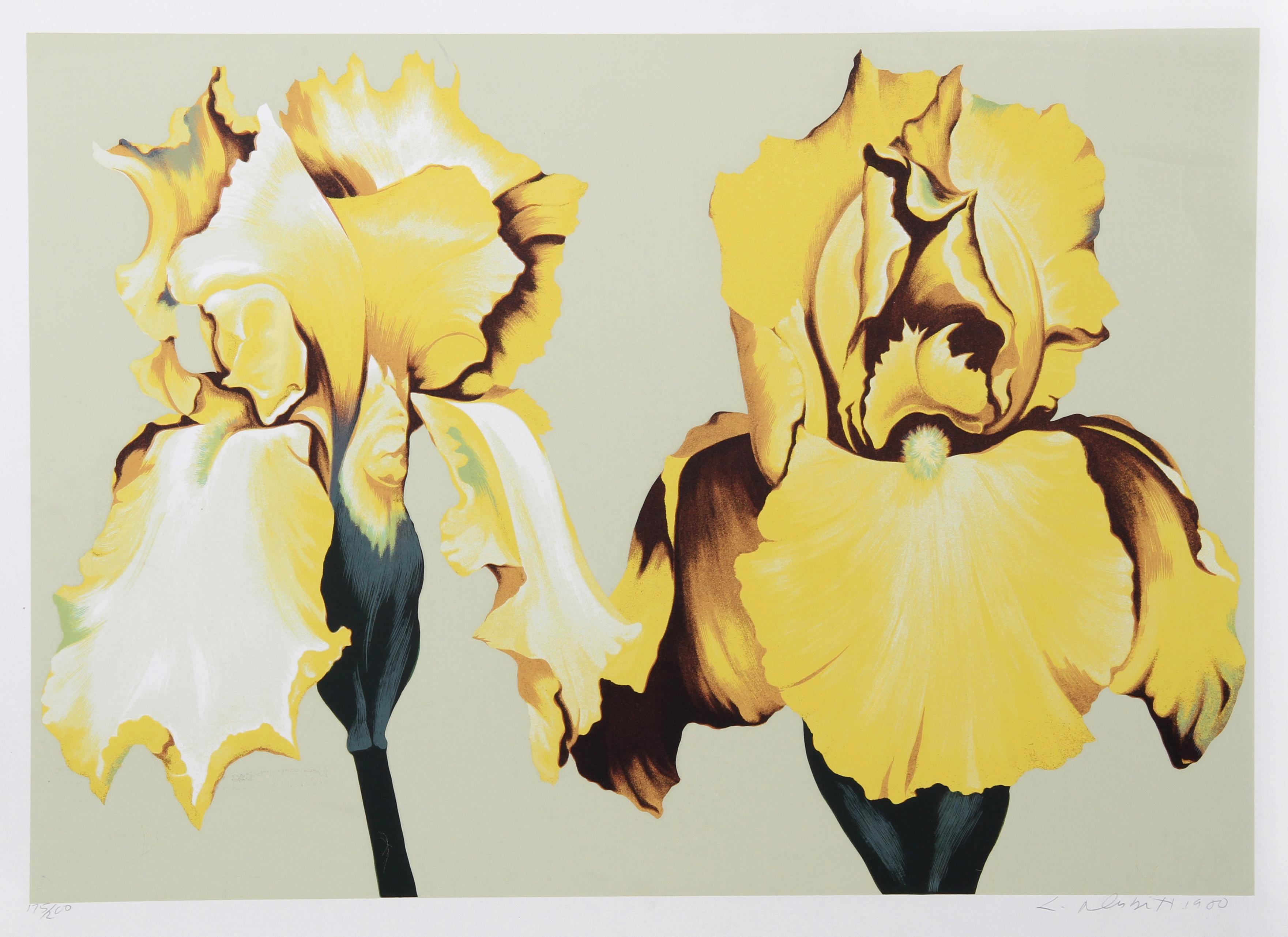 Lowell Nesbitt Still-Life Print - Two Yellow Irises on Sage II