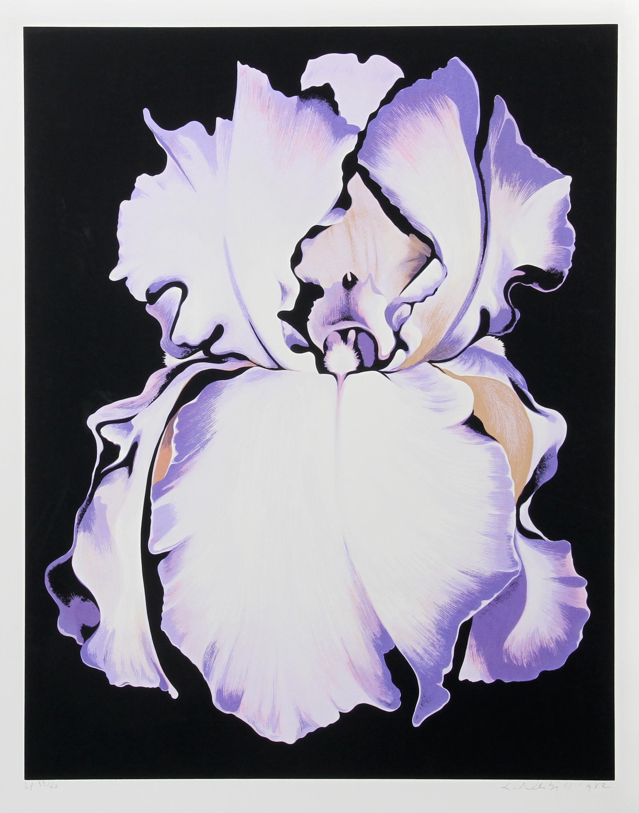 Künstler: Lowell Blair Nesbitt, Amerikaner (1933 - 1993)
Titel: Weiße Iris auf Schwarz
Jahr: 1982
Medium: Siebdruck, signiert und nummeriert mit Bleistift
Auflage: AP 40
Bildgröße: 31,5 x 25 Zoll
Größe: 38 x 29 Zoll (96,52 x 73,66 cm)