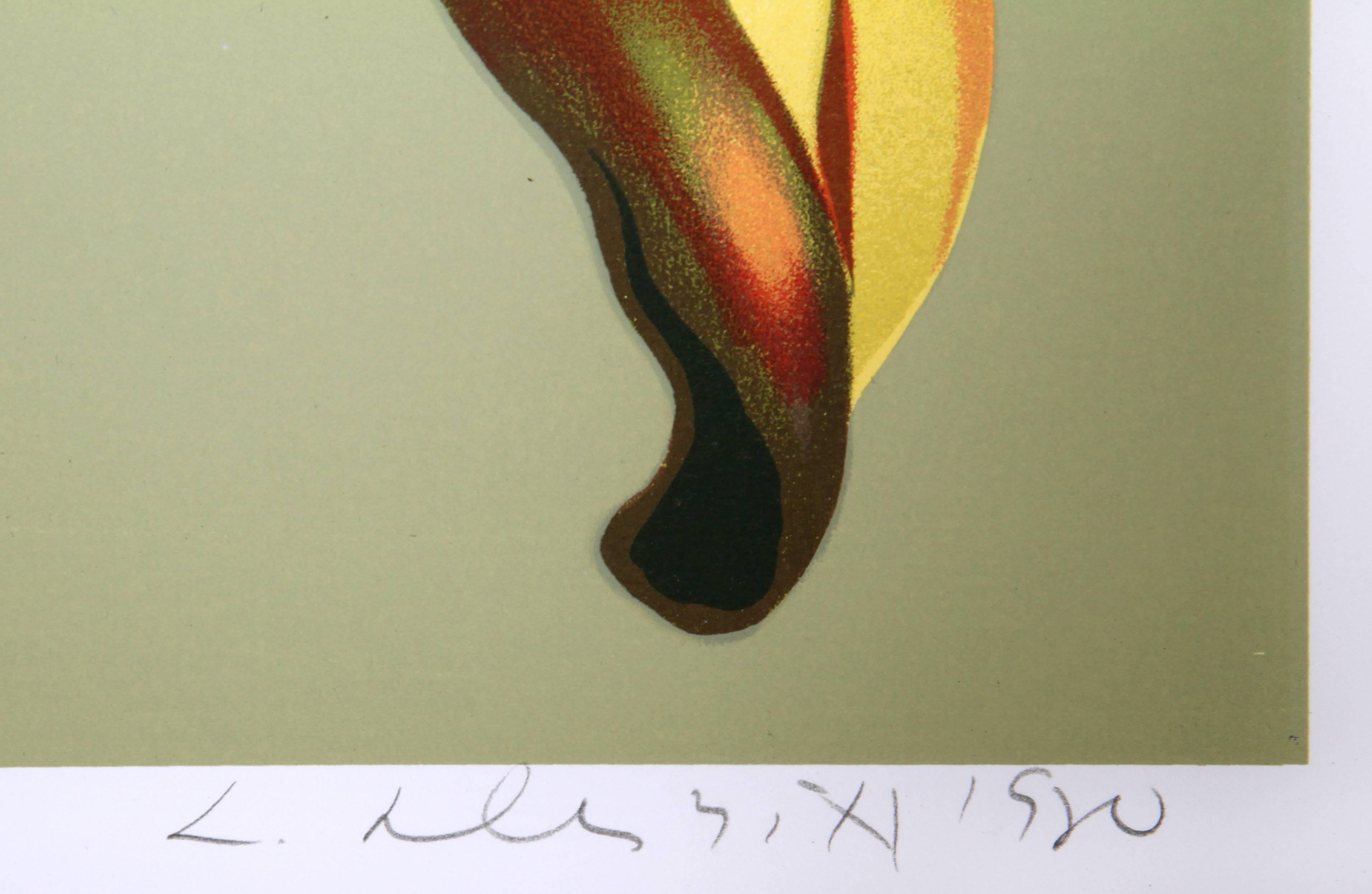 Gelbe Lilien auf Grün, fotorealistischer Siebdruck von Lowell Nesbitt im Angebot 1