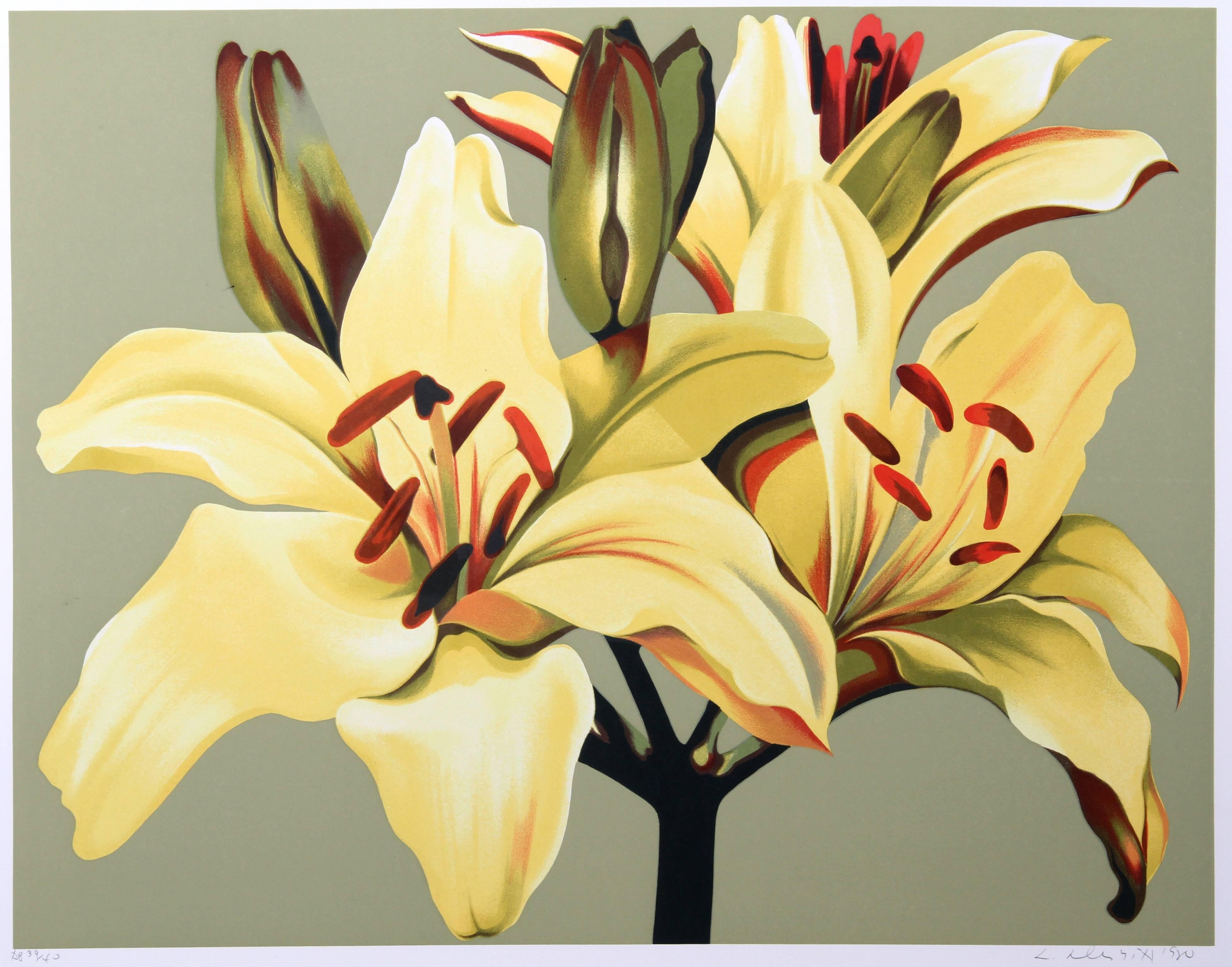 Künstler: Lowell Blair Nesbitt, Amerikaner (1933 - 1993)
Titel: Gelbe Lilien auf Grün
Jahr: 1980
Medium: Siebdruck, signiert und nummeriert mit Bleistift
Auflage: 200, AP 35
Bildgröße: 30 x 38 Zoll
Größe: 38 Zoll x 46 Zoll (96,52 cm x 116,84 cm)