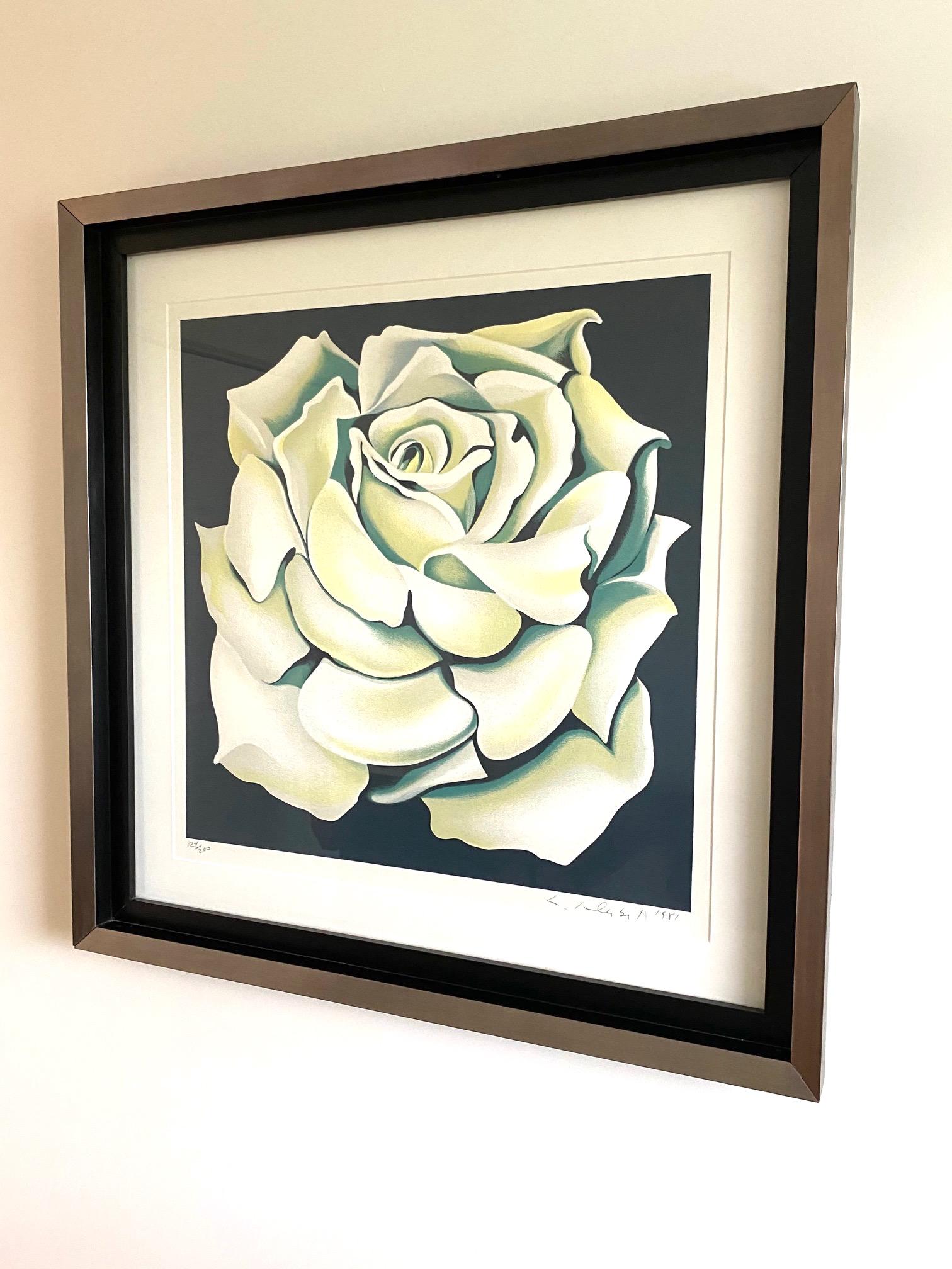 Mid-Century Modern Limited Edition Lithograph in Custom Frame by Lowell Nesbitt, White Rose, 1981 For Sale