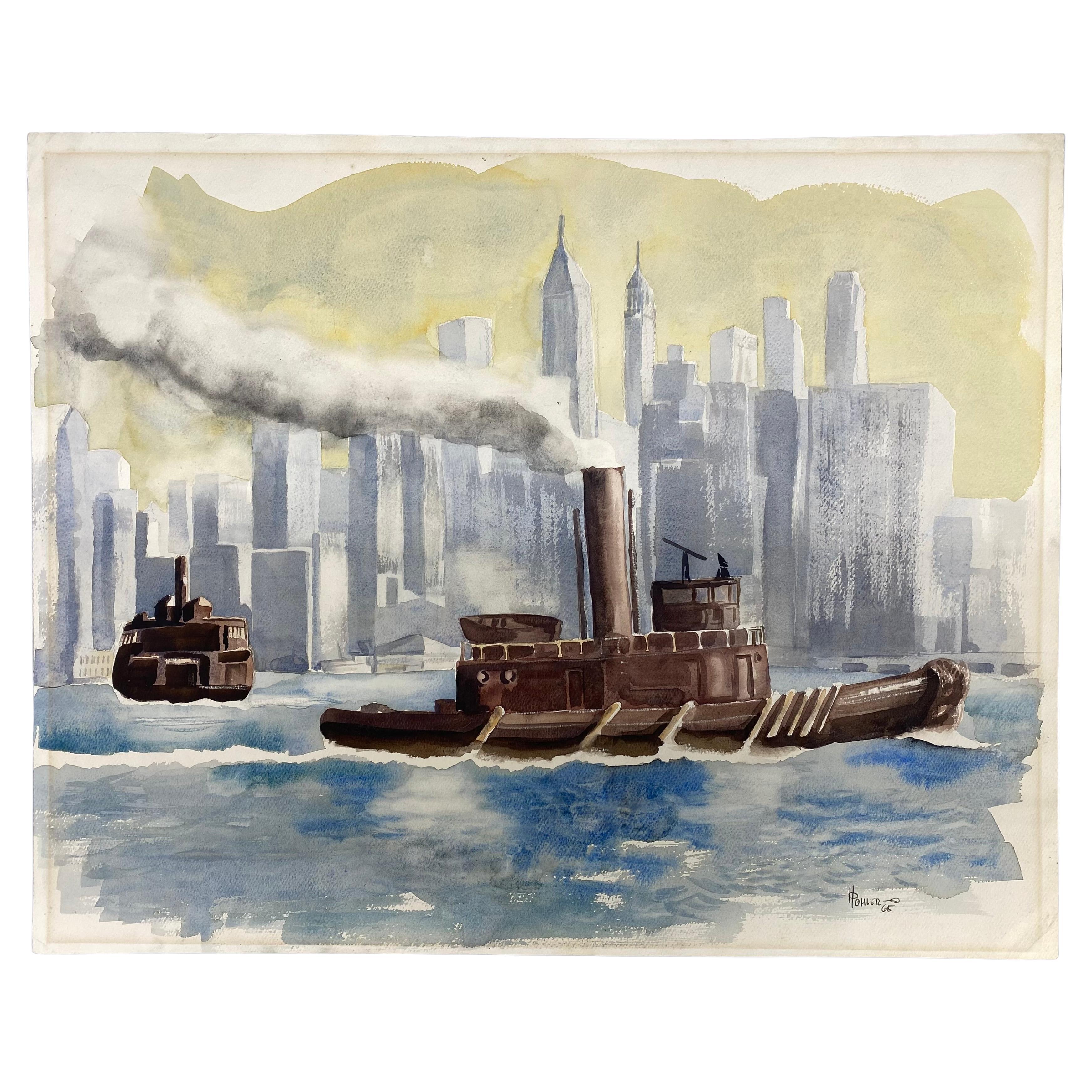 Lower New York Harbor Watercolor Painting by Heinz Pohler, 1965