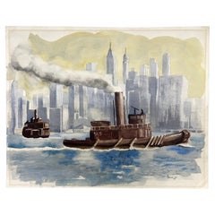 Lower New York Harbor Watercolor Painting by Heinz Pohler, 1965