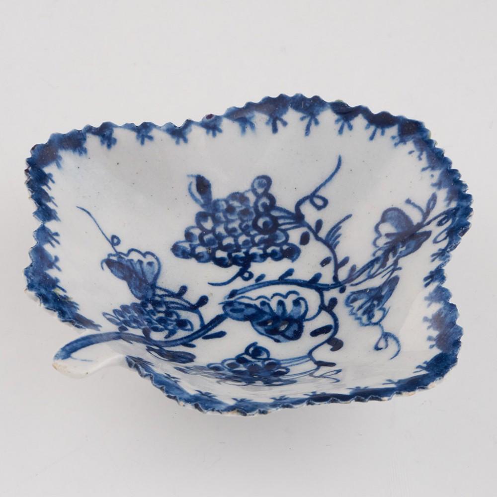 Heading : Lowestoft pickle dish
Date : c1765
Period : George III
Origin : Lowestoft, England
Colour : Blue and white
Pattern : Grapevine
Size : 2.7cm tall 9.8cm long and 9.8cm wide
Condition : Excellent
Restoration : None
Weight : 54 grams