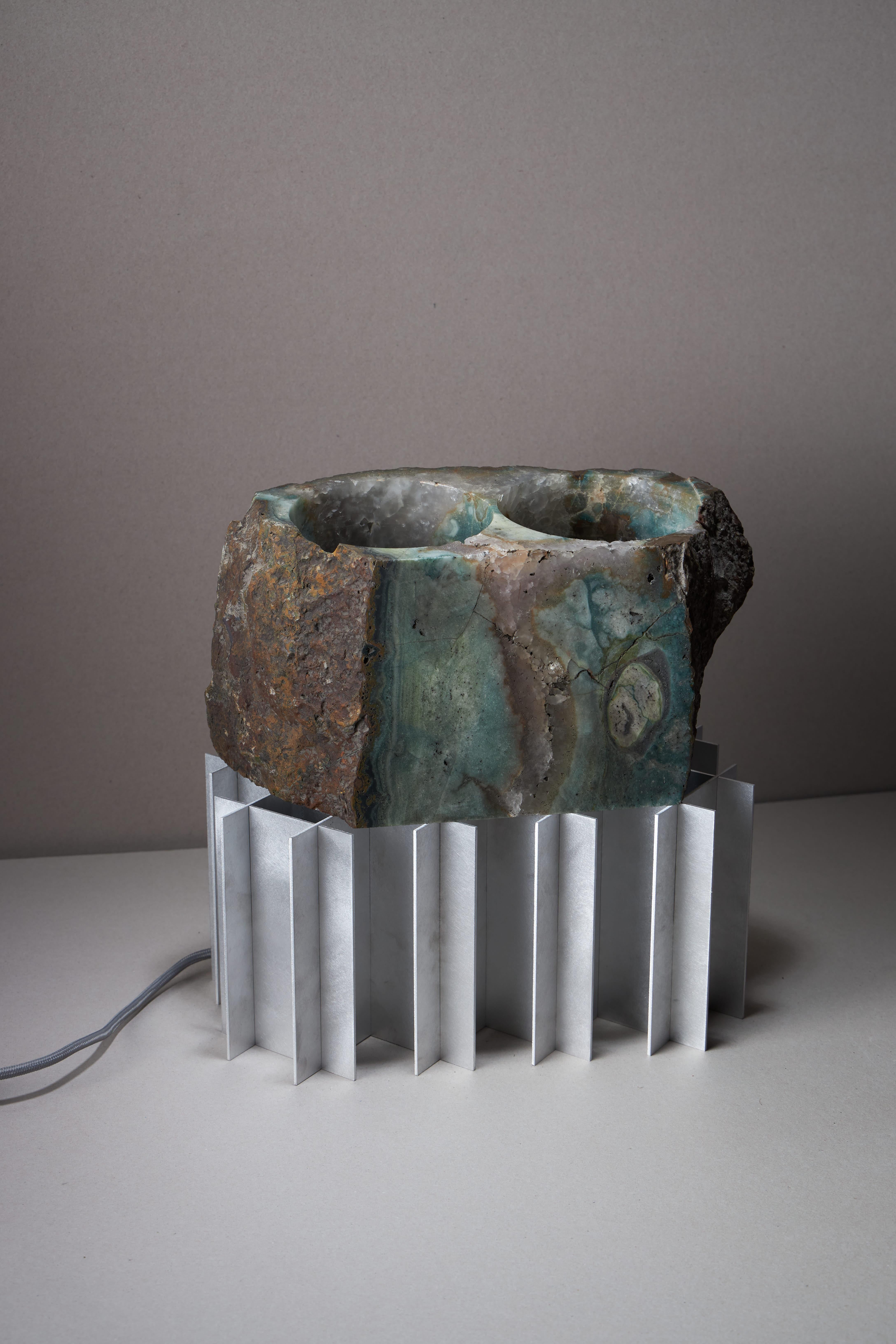 Uruguayan LOX LAMP - Double lamp, shade made of jasper and recycled quartz. Brushed alumin For Sale