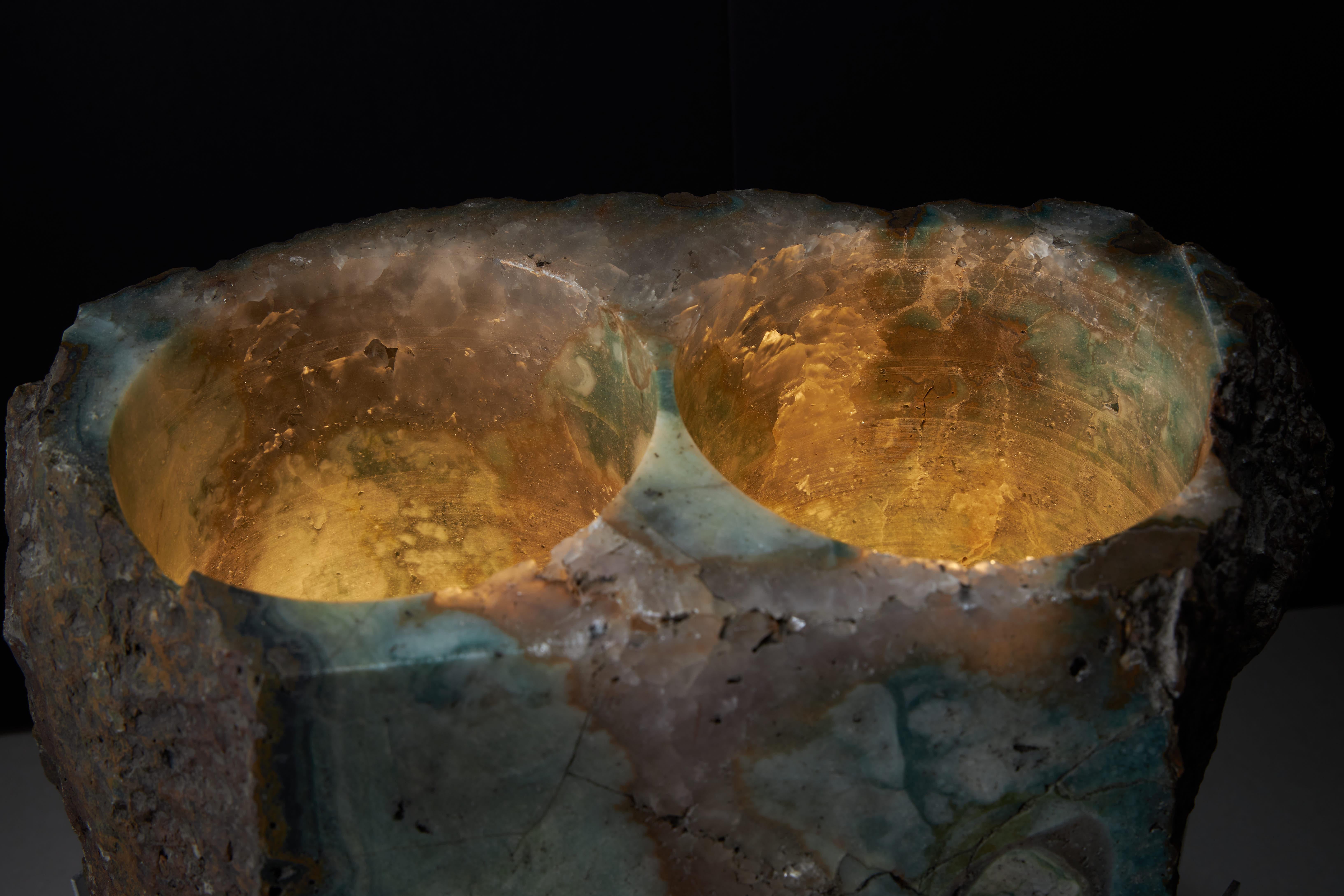 Aluminum LOX LAMP - Double lamp, shade made of jasper and recycled quartz. Brushed alumin For Sale