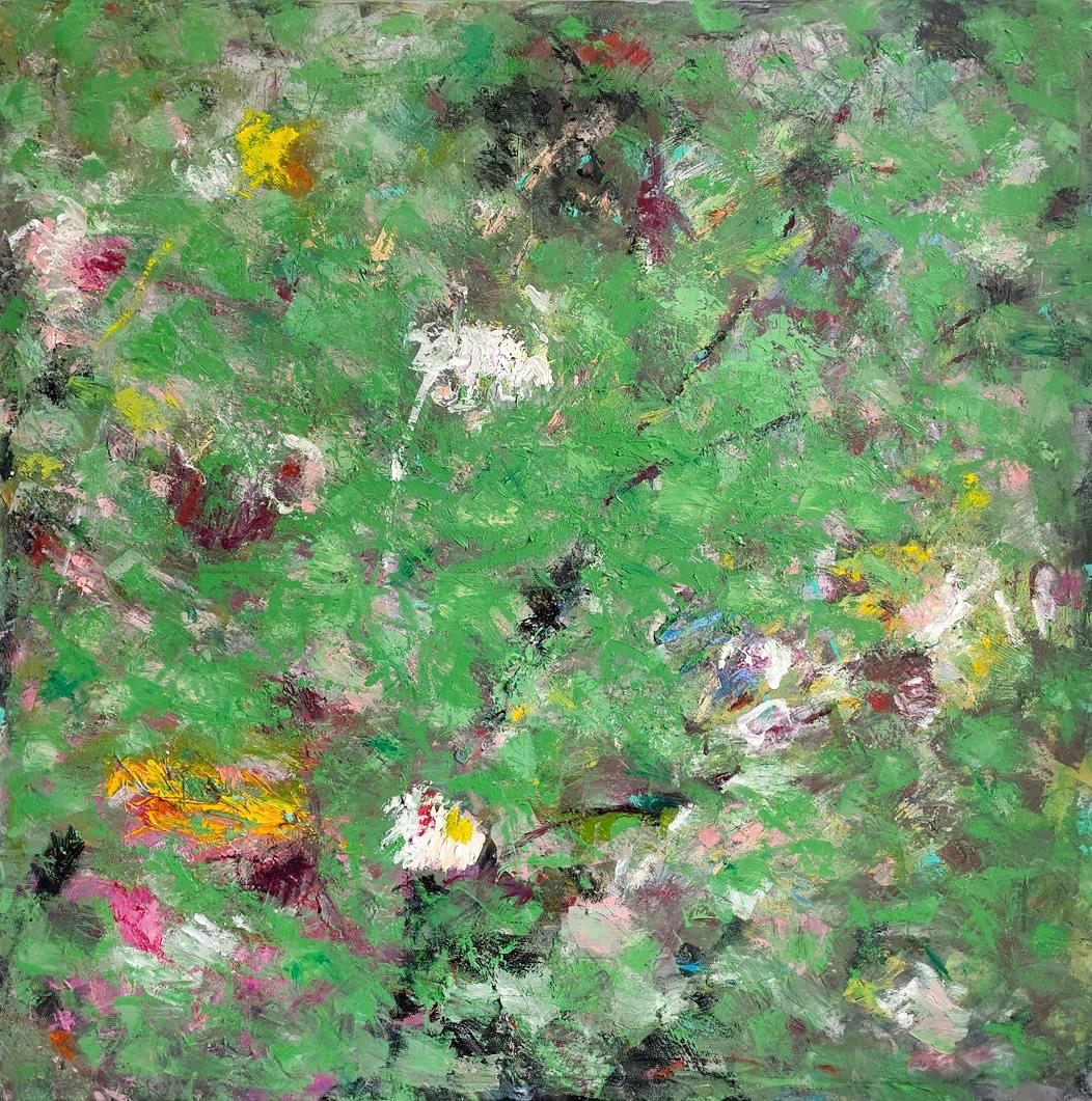 Loy Luo Abstract Painting - "Rune #2"- Richly Colored Greens, Abstract Fine Art Painting