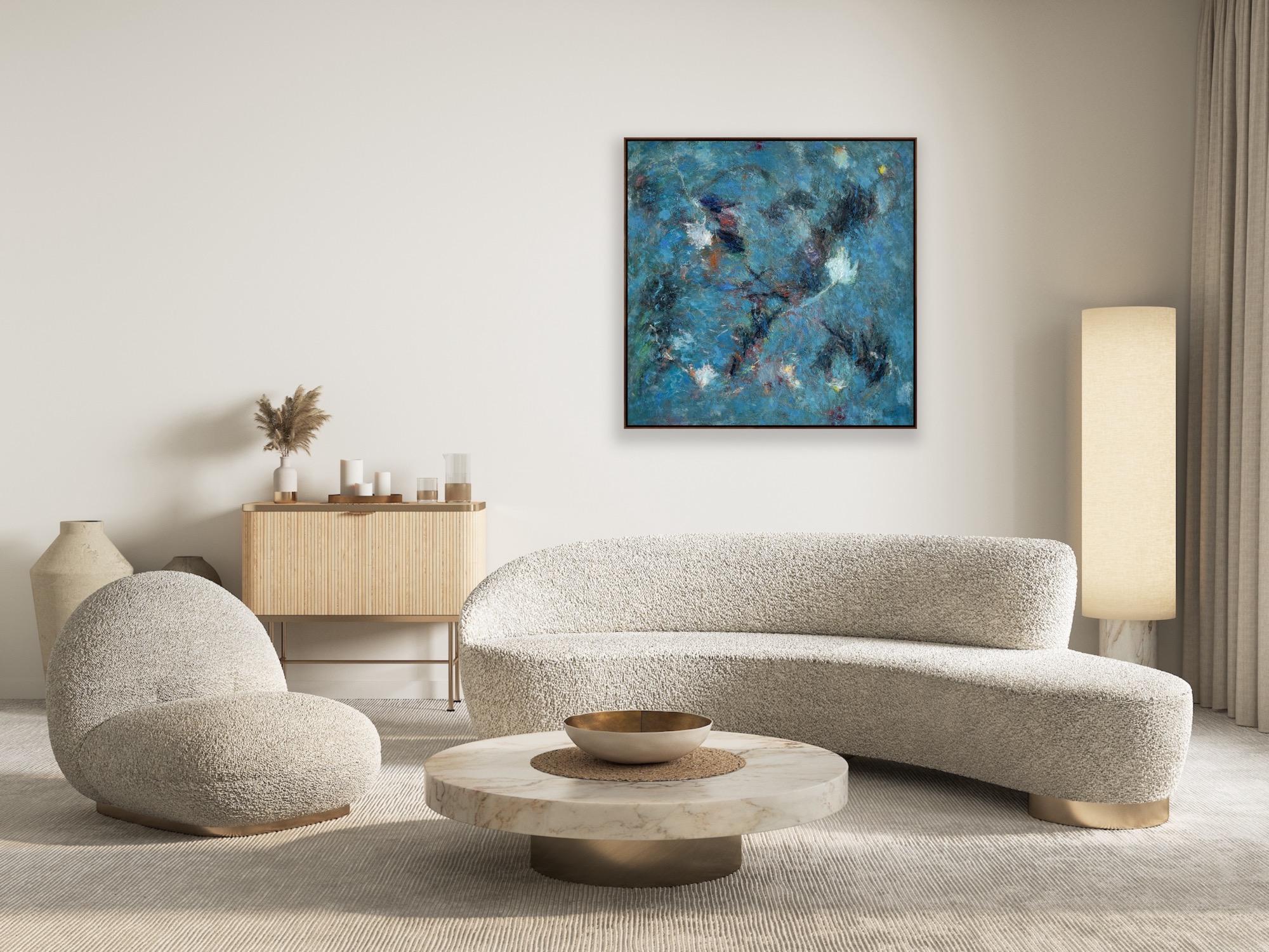 „Rune #3“ – farbenfrohes, abstraktes Gemälde der bildenden Kunst (Blau), Abstract Painting, von Loy Luo